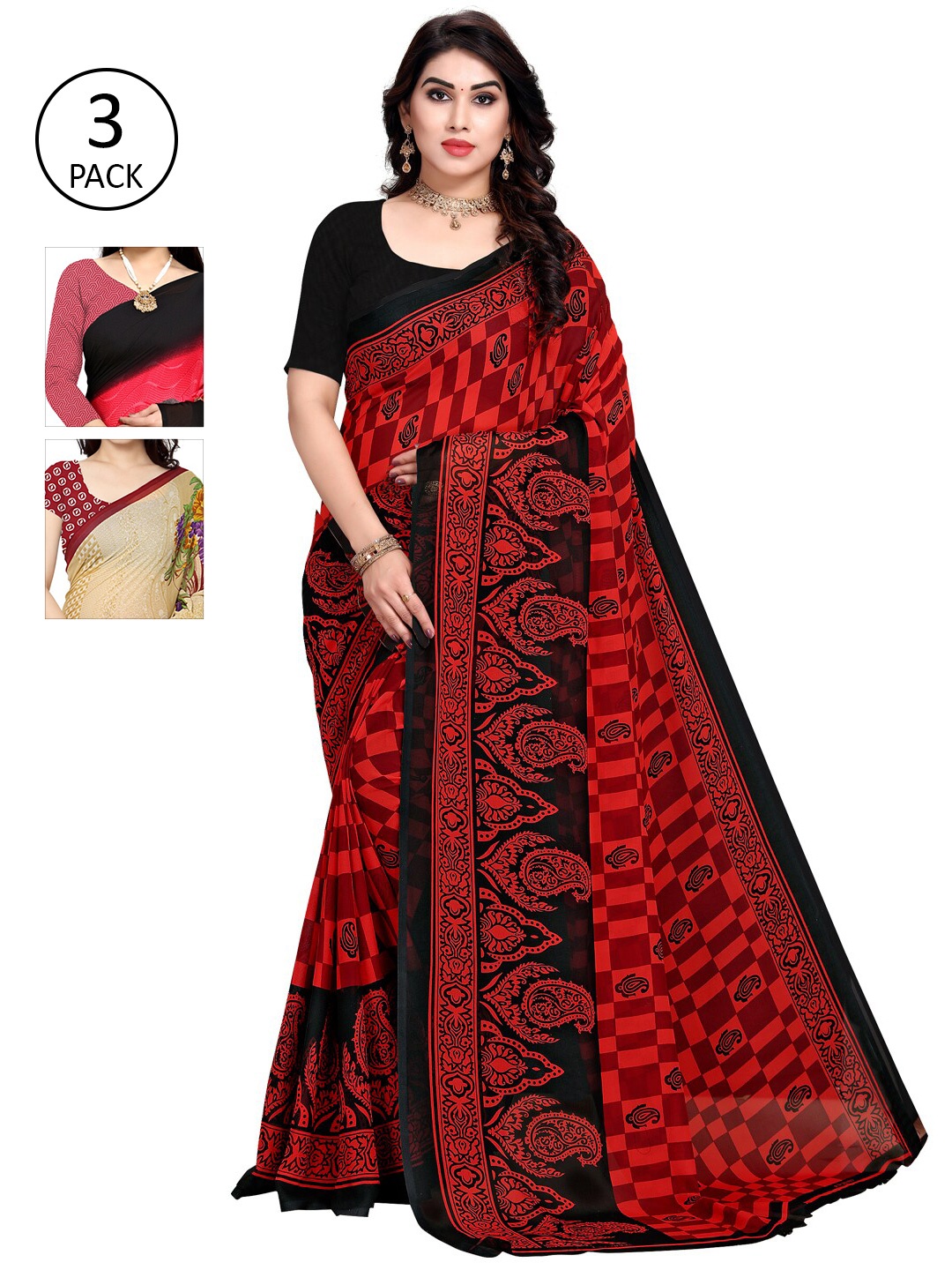 

KALINI Pack Of 3 Printed Sarees, Pink