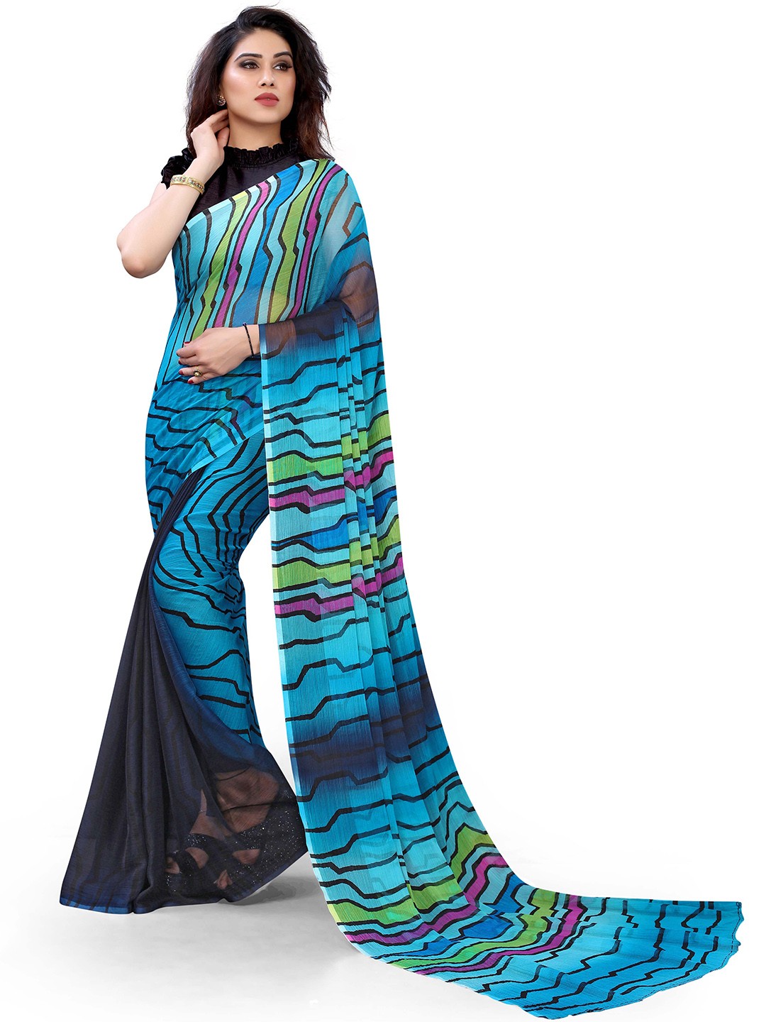 

KALINI Women Turquoise Blue & Multicolor Striped Chiffon Saree