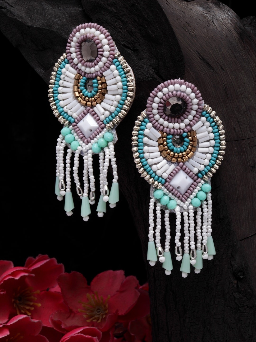 

Moedbuille White Turquoise Blue & White Artificial Beads & Stones Drop Earrings