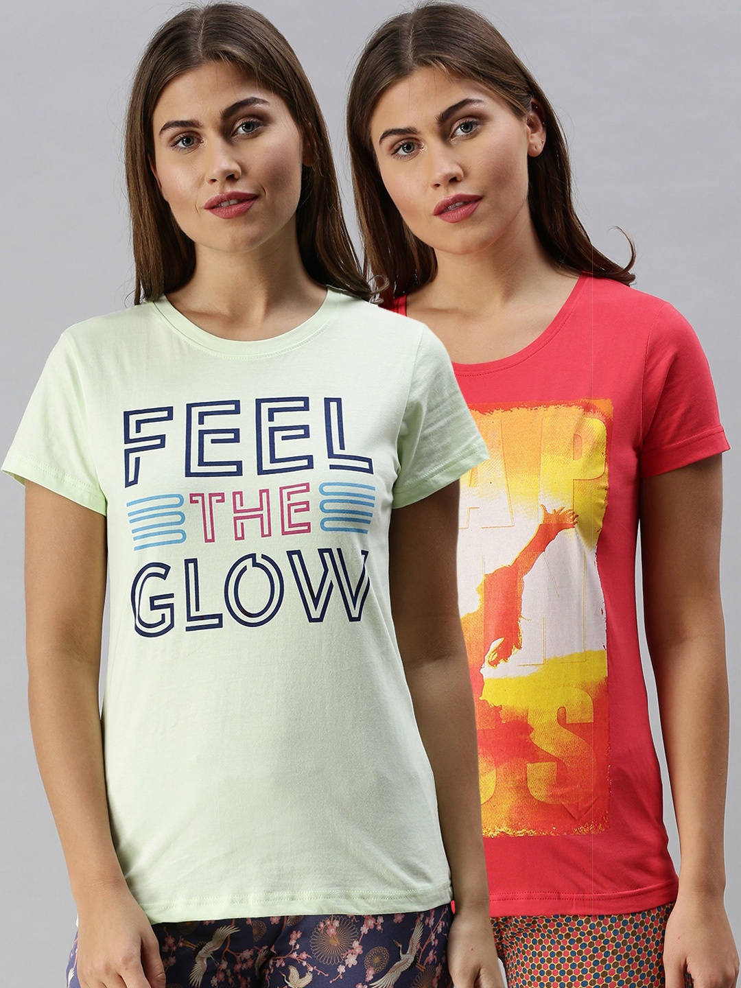 

Kryptic Women Pack Of 2 Printed Pure Cotton Lounge T-Shirts, Fuchsia