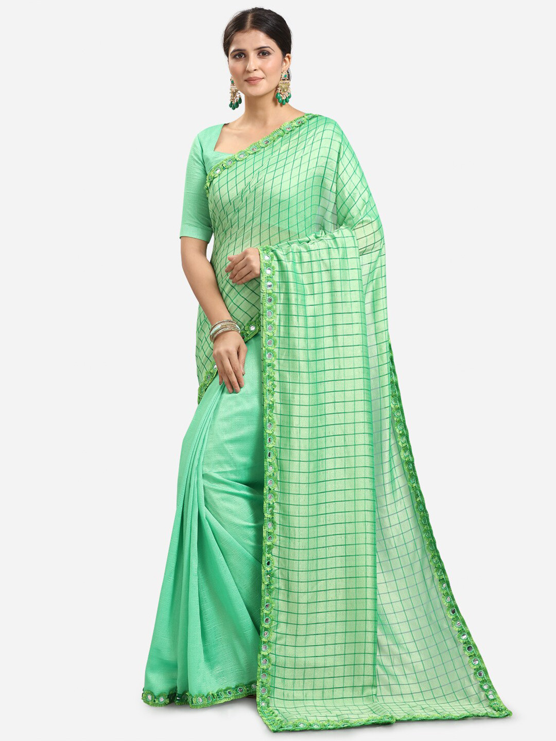

KALINI Women Green Checked & Mirror Lace Worked Half & Half Saree