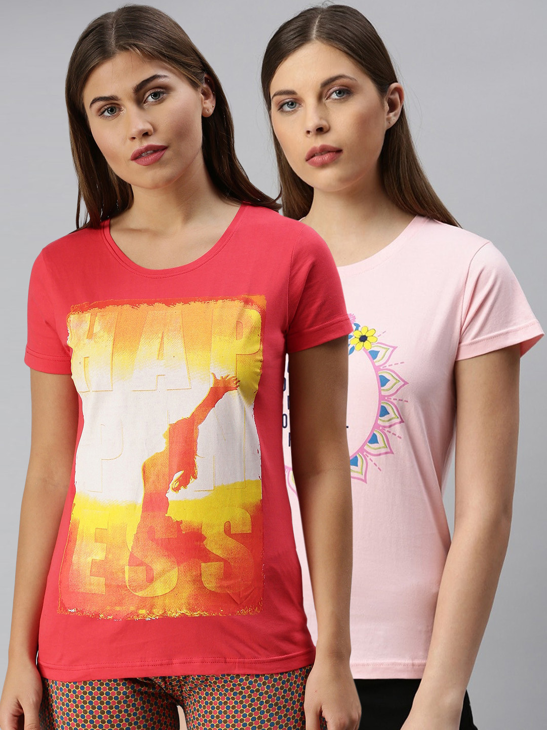 

Kryptic Women Pack Of 2 Typography Printed Pure Cotton Lounge T-Shirts, Pink