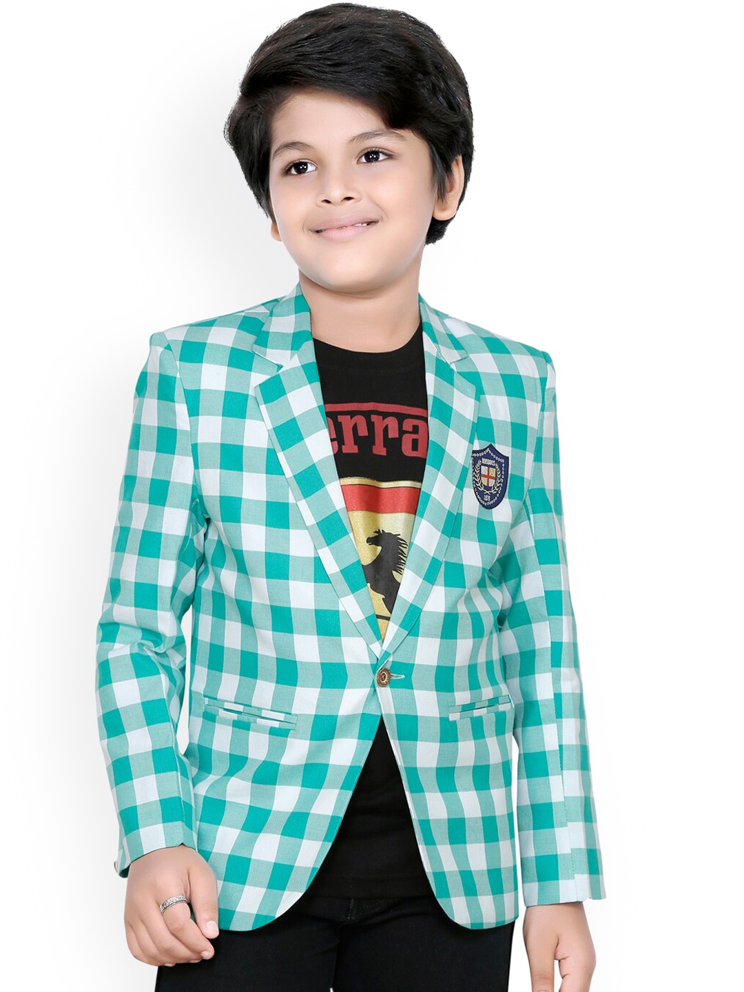 

RIKIDOOS Boys Sea-Green & White Checked Cotton Comfort-Fit Single-Breasted Blazer