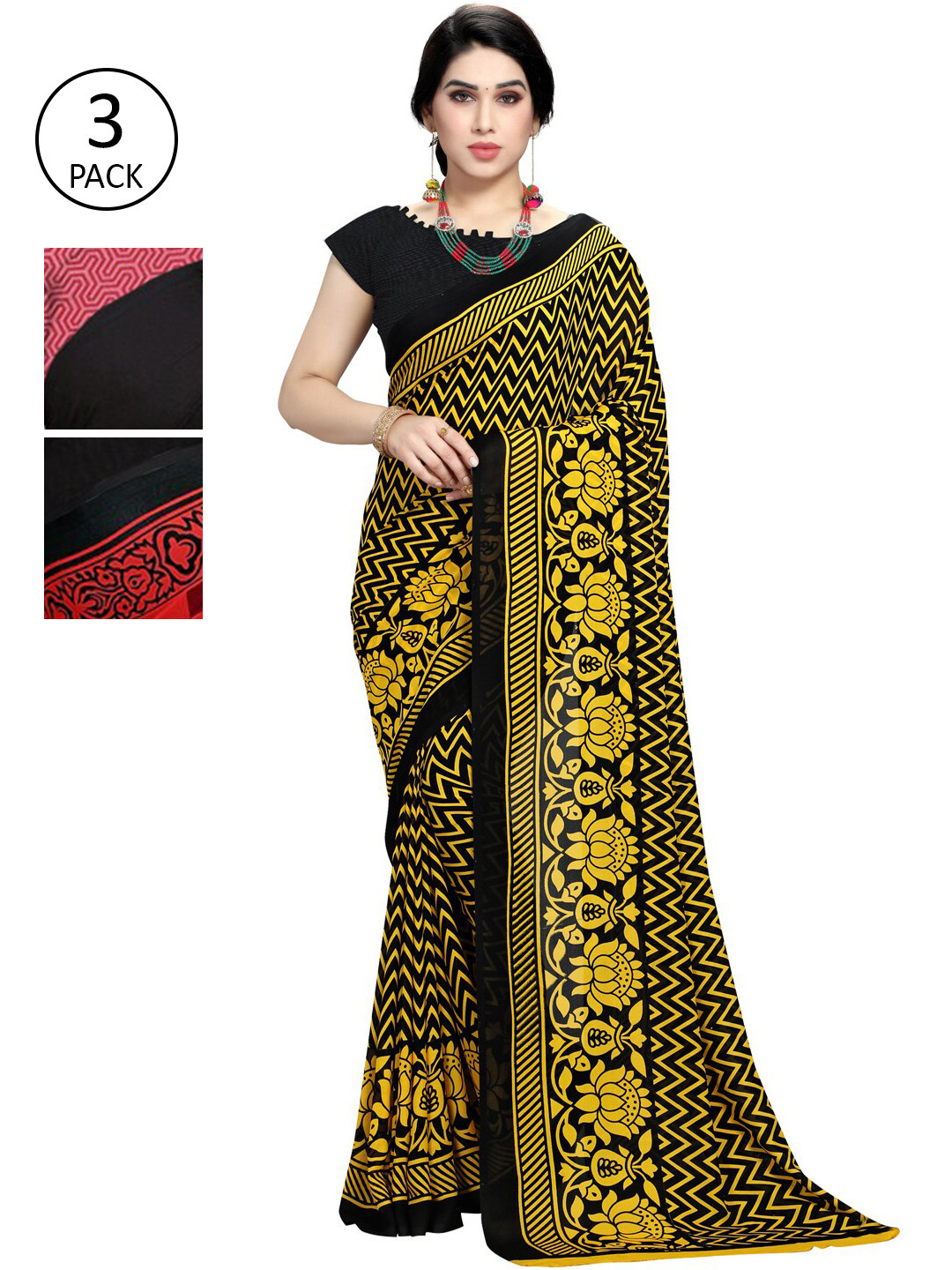 

KALINI Set of 3 Yellow & Pink Printed Sarees