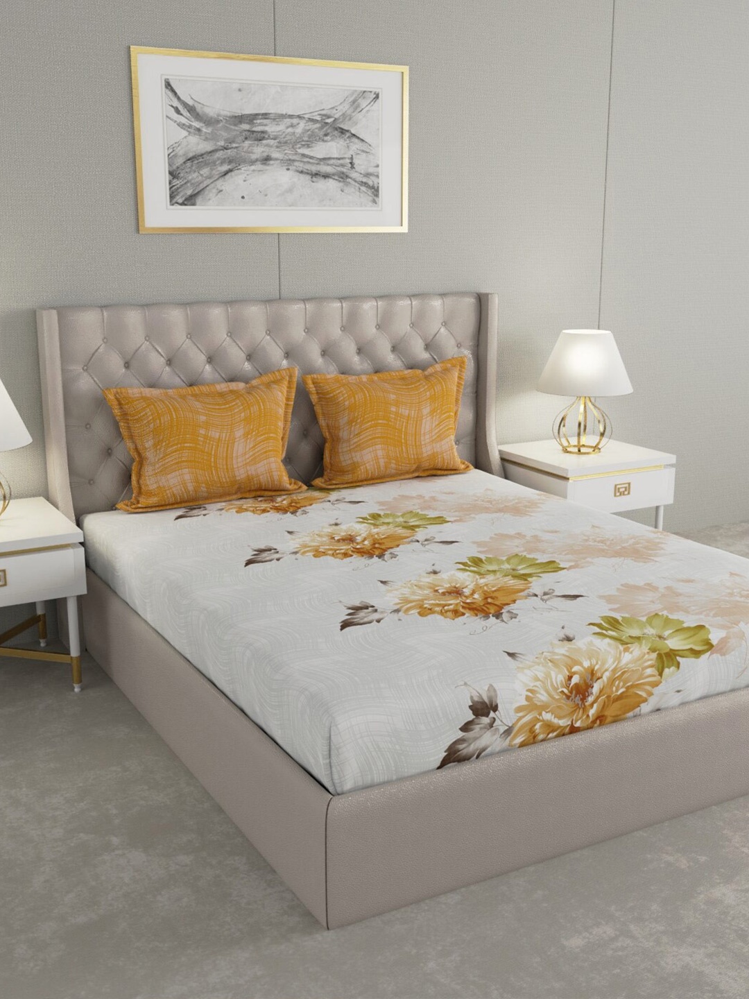 

Raymond Home Orange & Grey Floral 144 TC King Bedsheet with 2 Pillow Covers