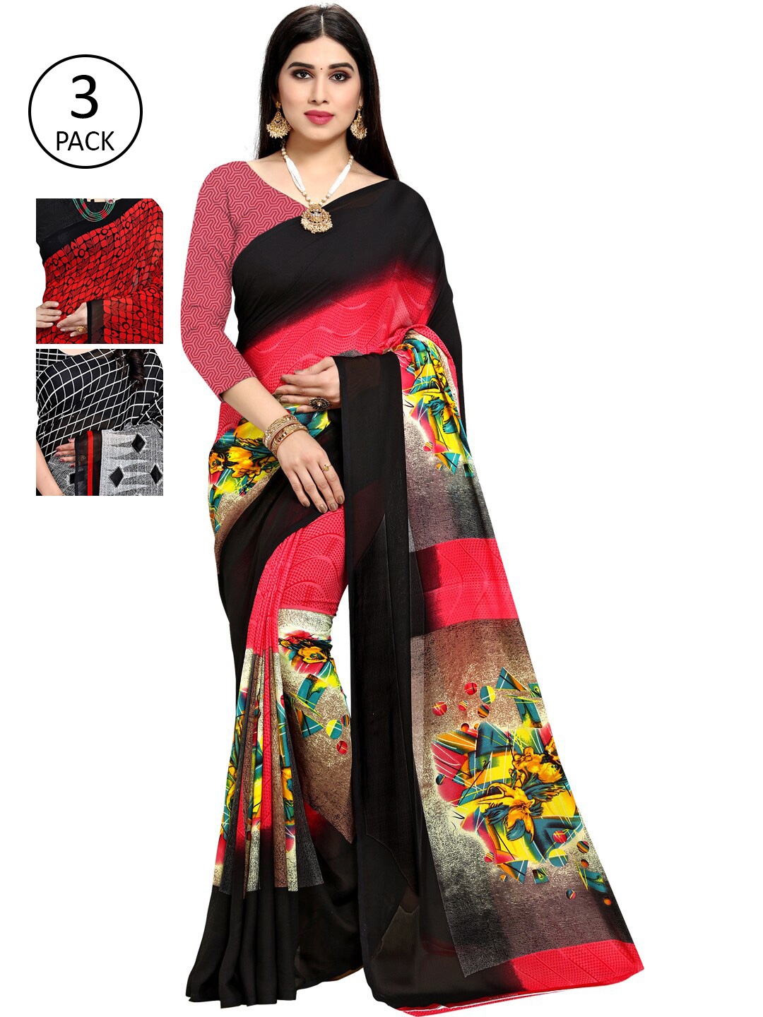 

KALINI Pack Of 3 Printed Sarees, Red