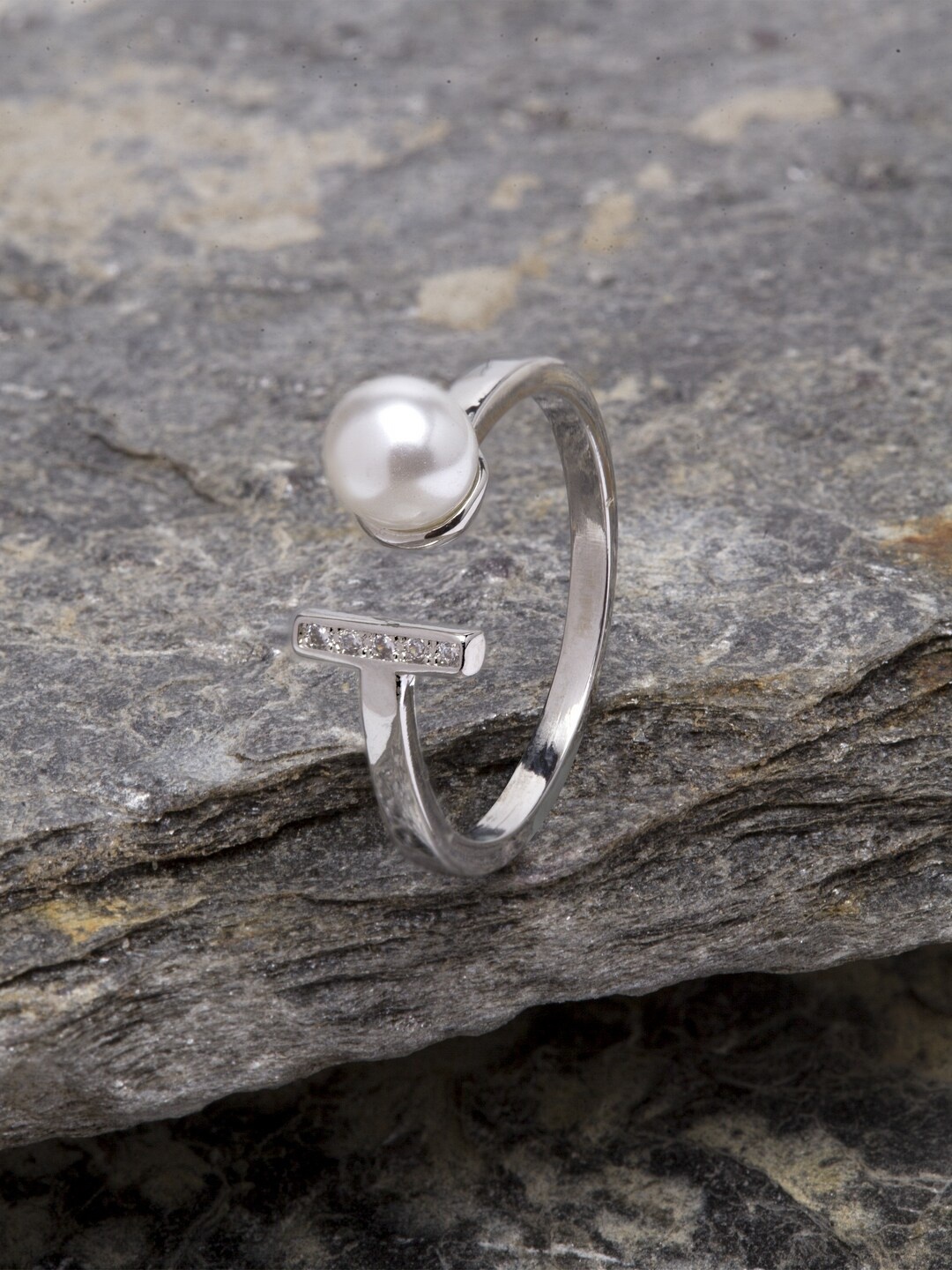 

Ferosh Silver-Toned & White Stone-Studded Adjustable Finger Ring