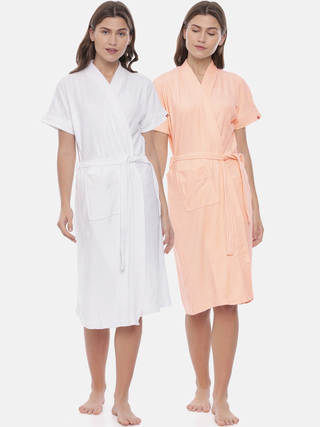 

GOLDSTROMS Women Pack Of 2 White & Pink Solid Cotton Bath Robes