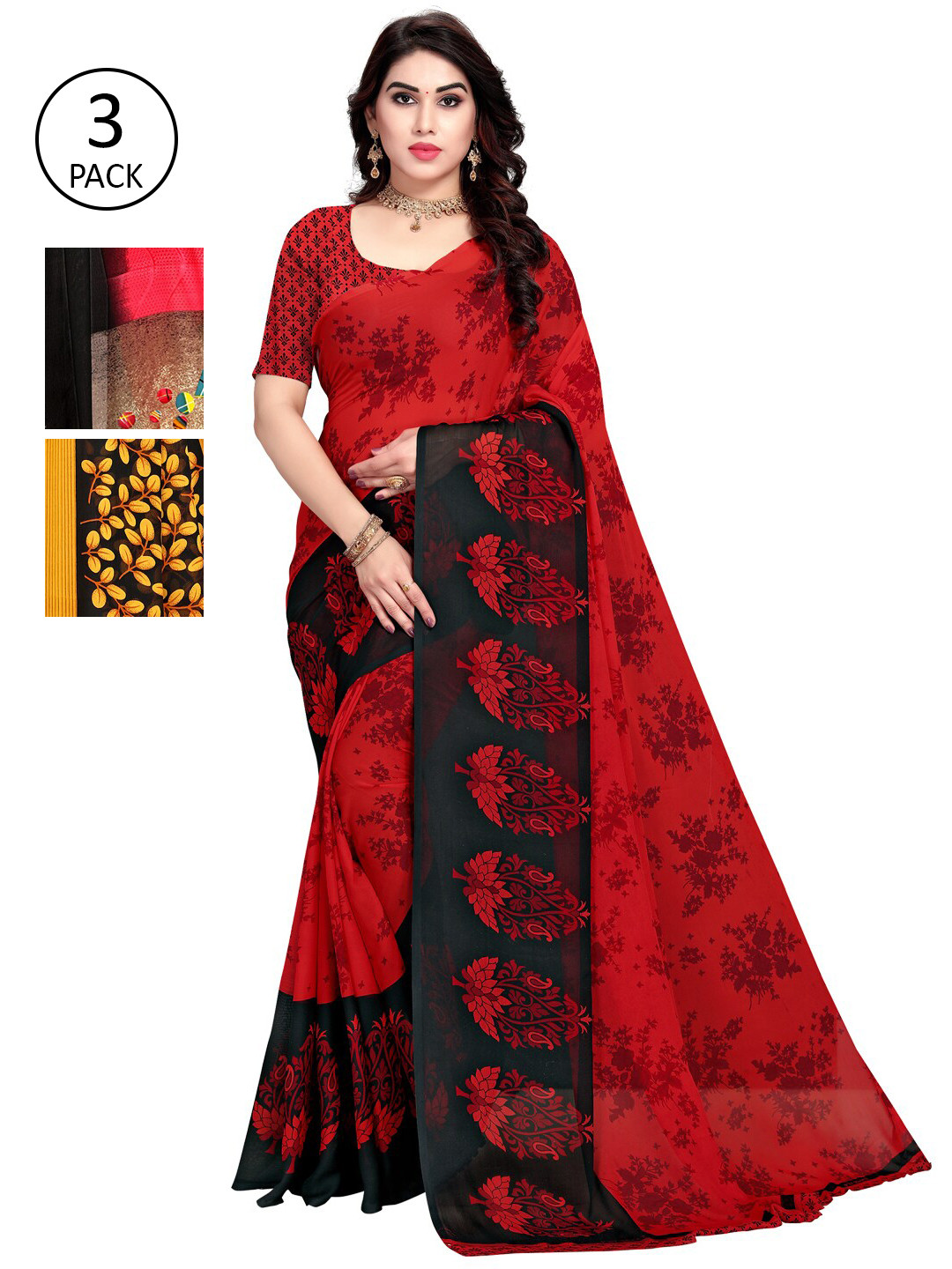 

KALINI Pack Of 3 Multicoloured Printed Sarees, Red