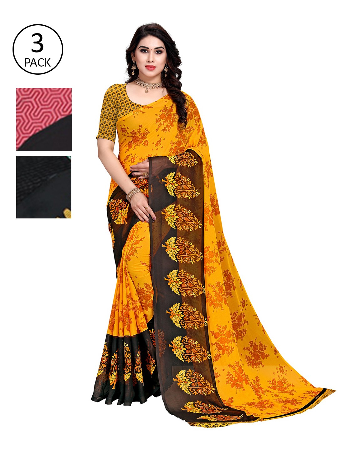 

KALINI Pack Of 3 Printed Saree, Yellow