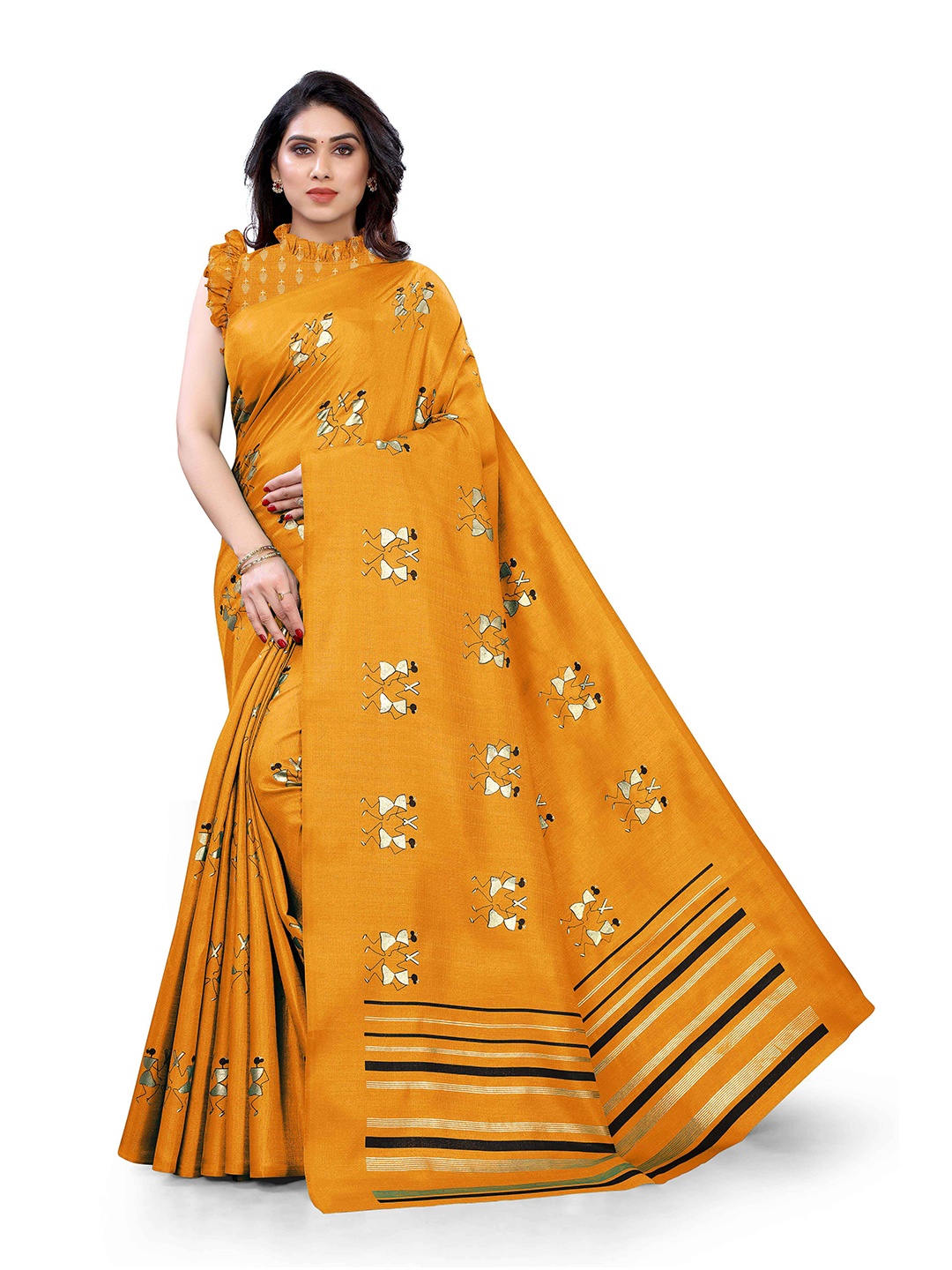 

KALINI Mustard Brown & White Ethnic Motifs Art Silk Block Print Saree