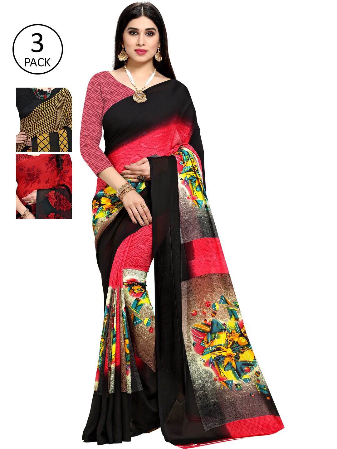 

KALINI Pack Of 3 Multicoloured Printed Sarees, Yellow
