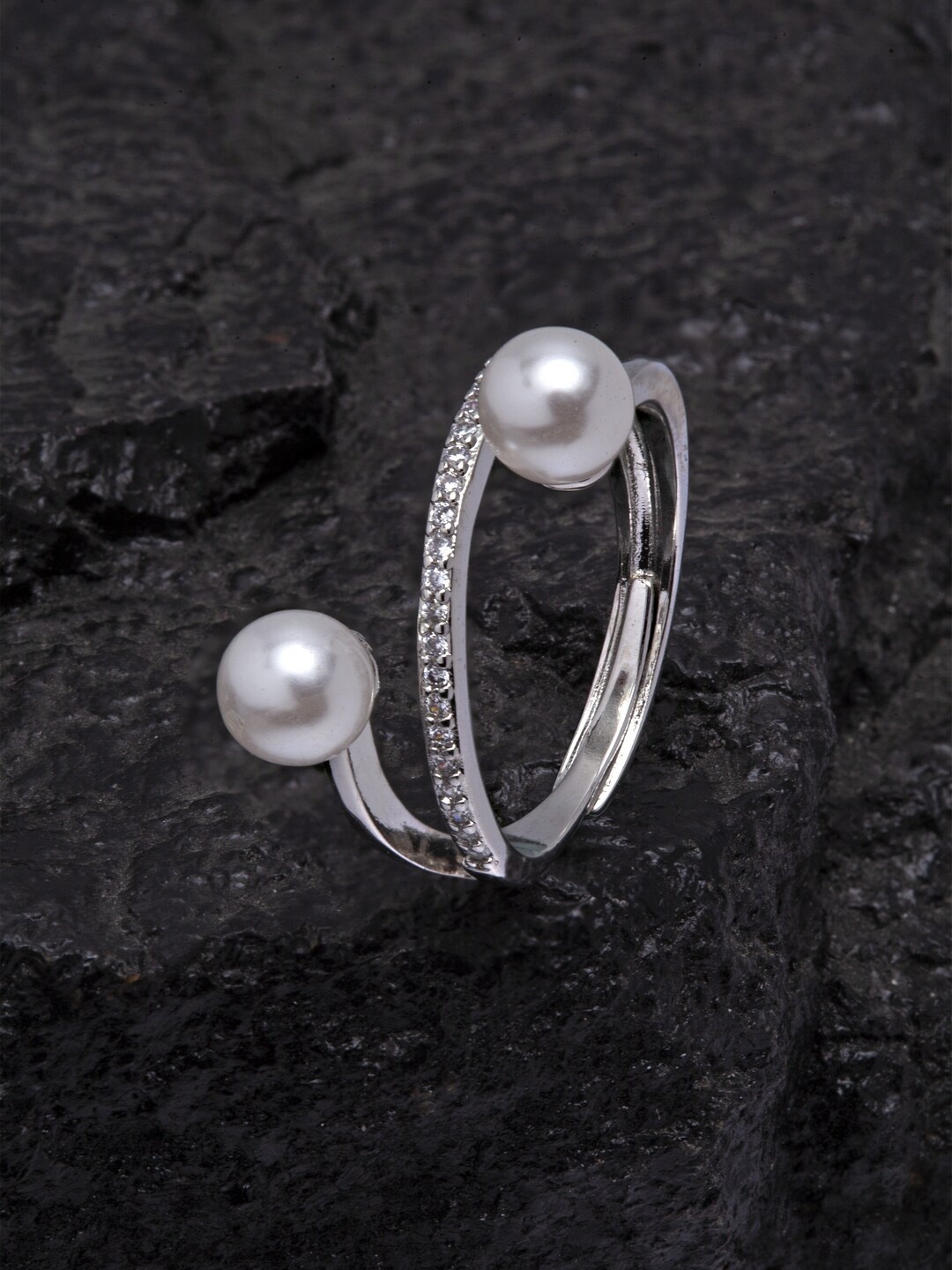 

Ferosh Silver-Toned & White Pearl & Stone-Studded Adjustable Finger Ring