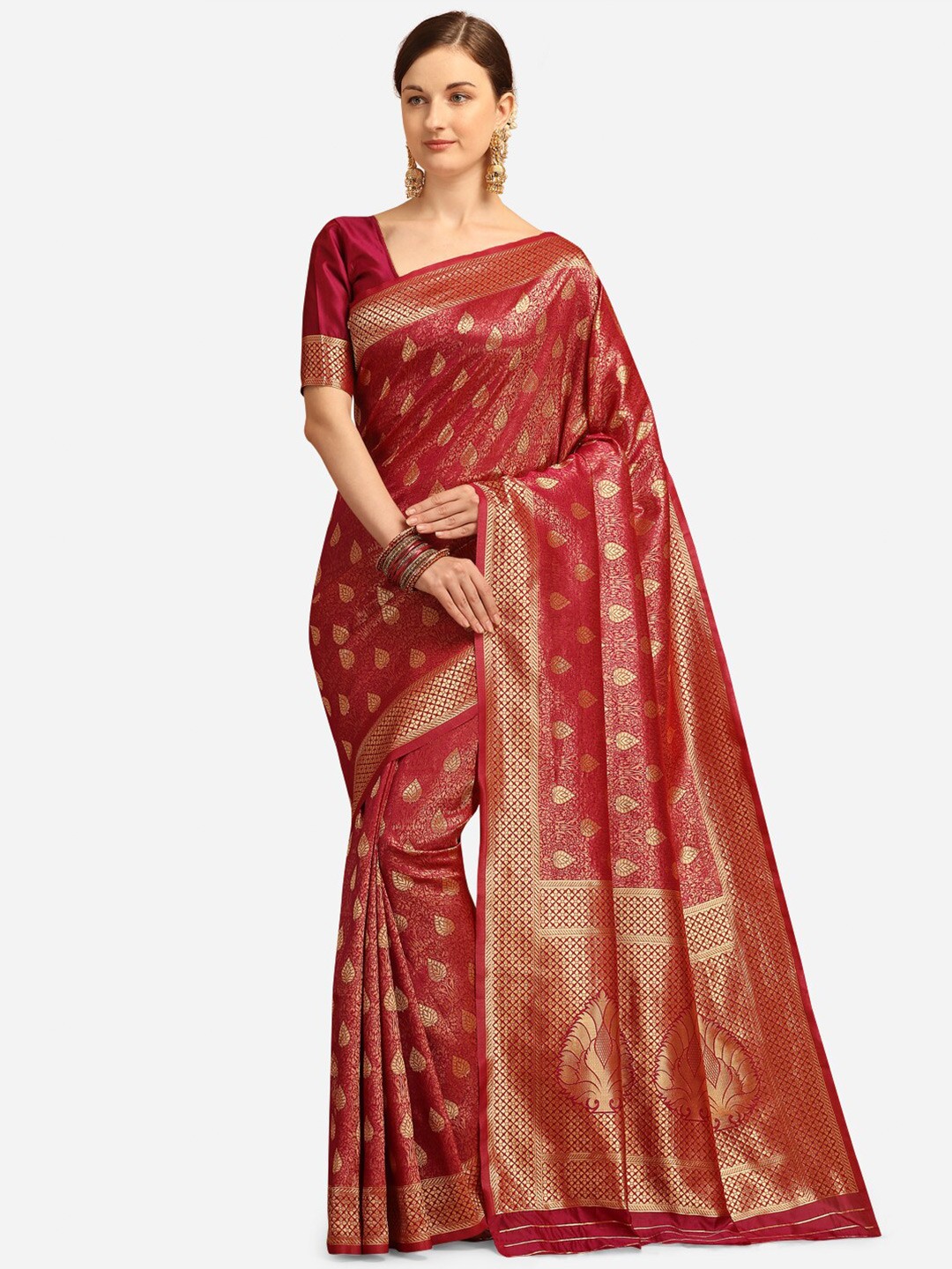 

KALINI Red & Gold Silk Blend Woven Kanjeevaram Saree