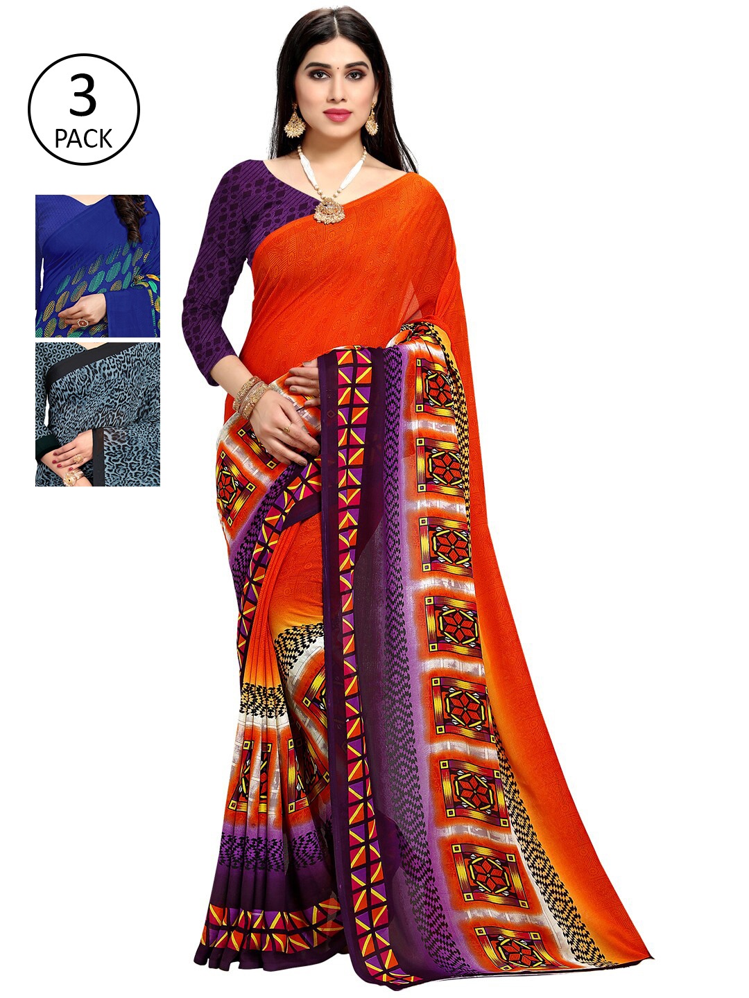 

KALINI Pack of 3 Printed Sarees, Multi