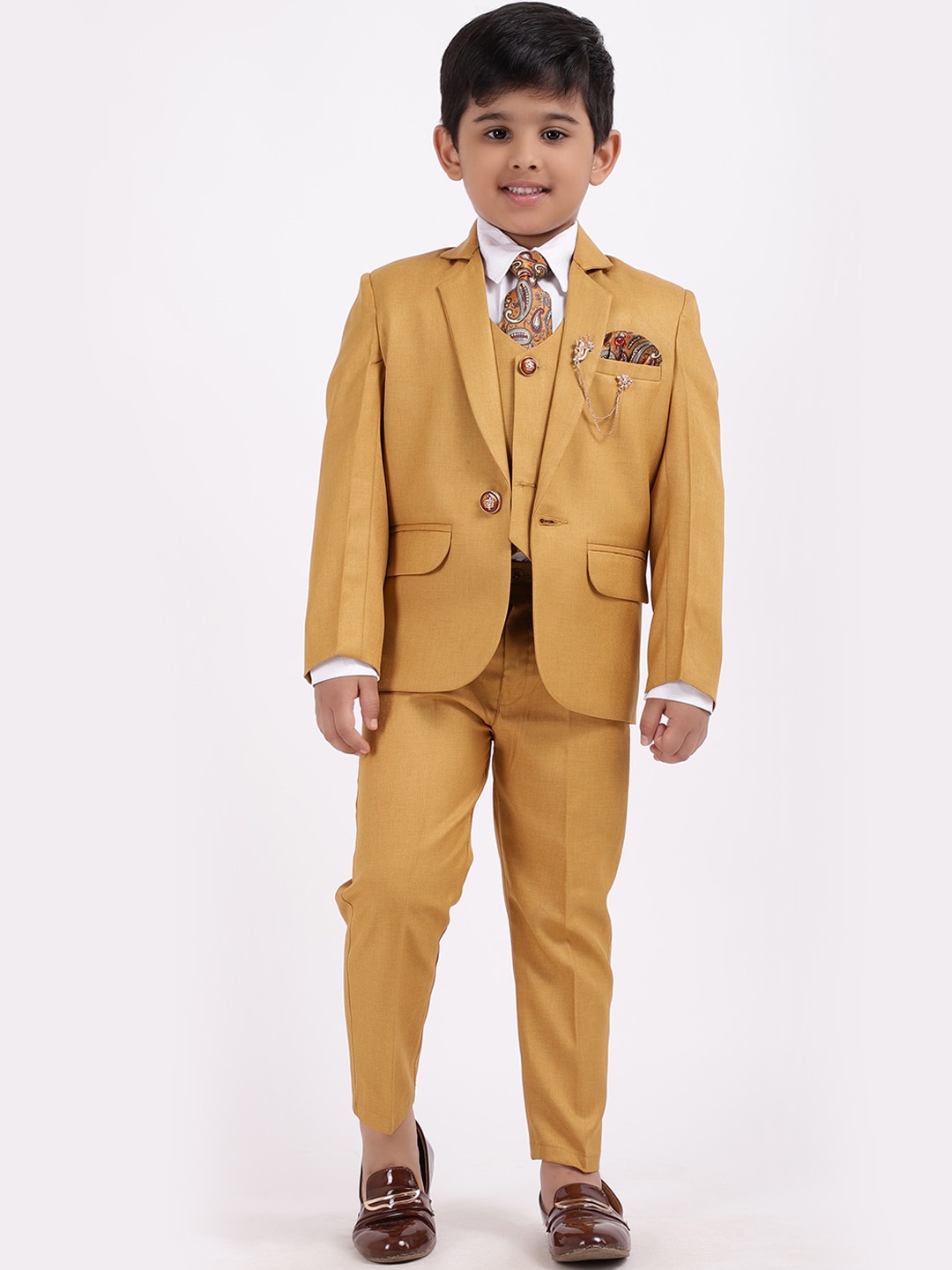 

ahhaaaa Boys Mustard-Yellow 5-Piece Single-Breasted Suit