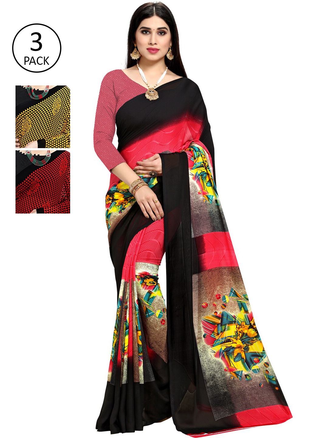 

KALINI Pack Of 3 Printed Sarees, Coral