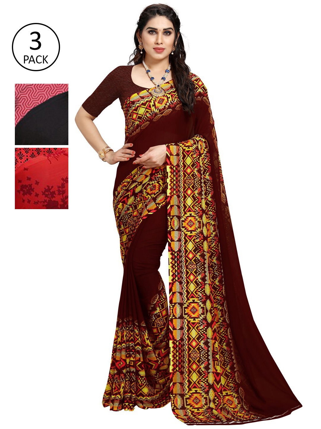 

KALINI Women Pack Of 3 Printed Saree, Red