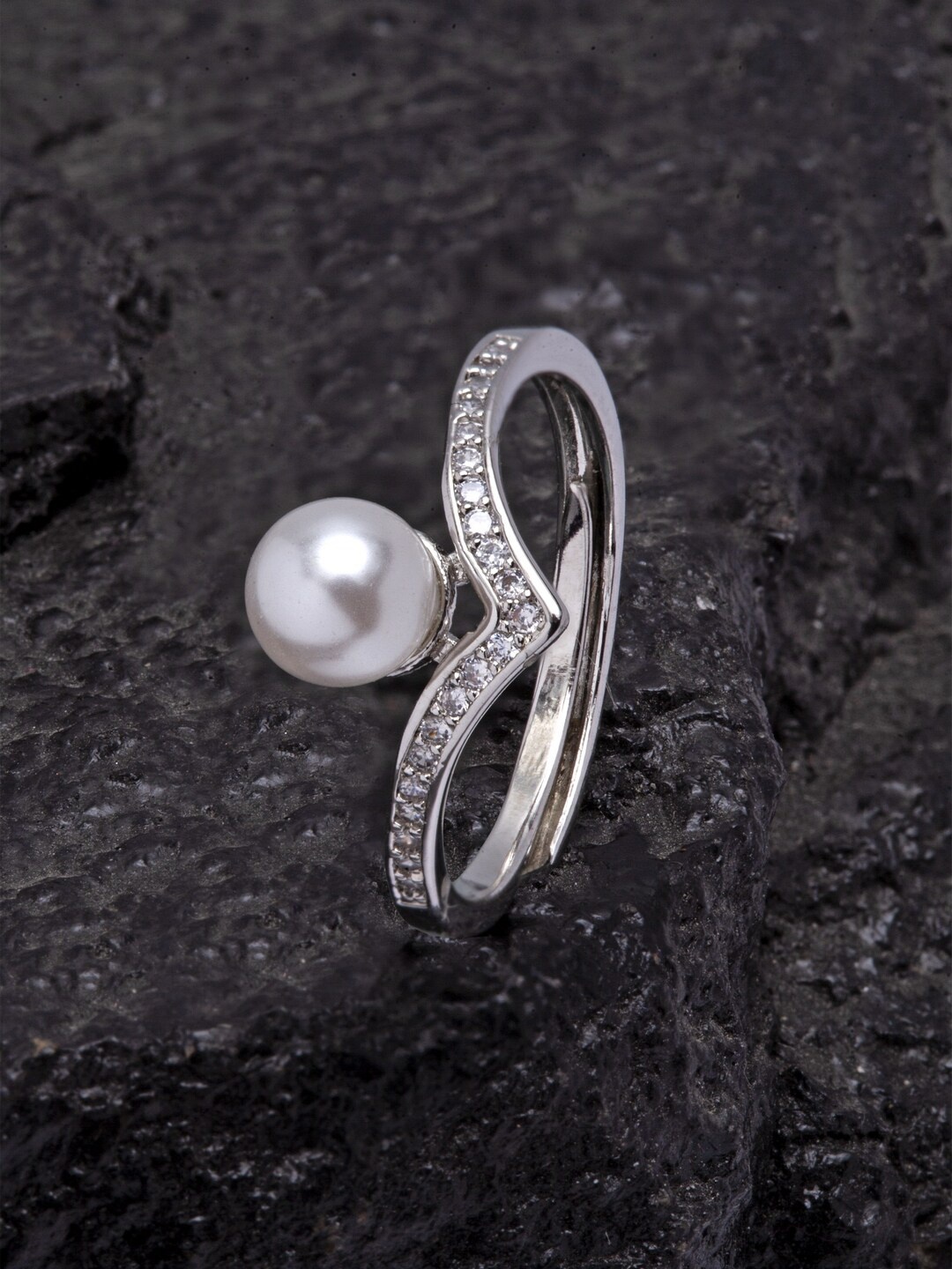 

Ferosh Silver-Toned & White Stone-Studded Adjustable Finger Ring