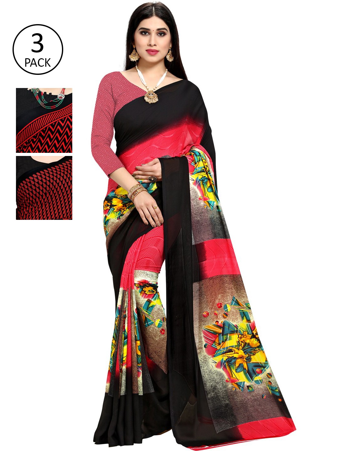 

KALINI Women Pack Of 3 Printed Saree, Red