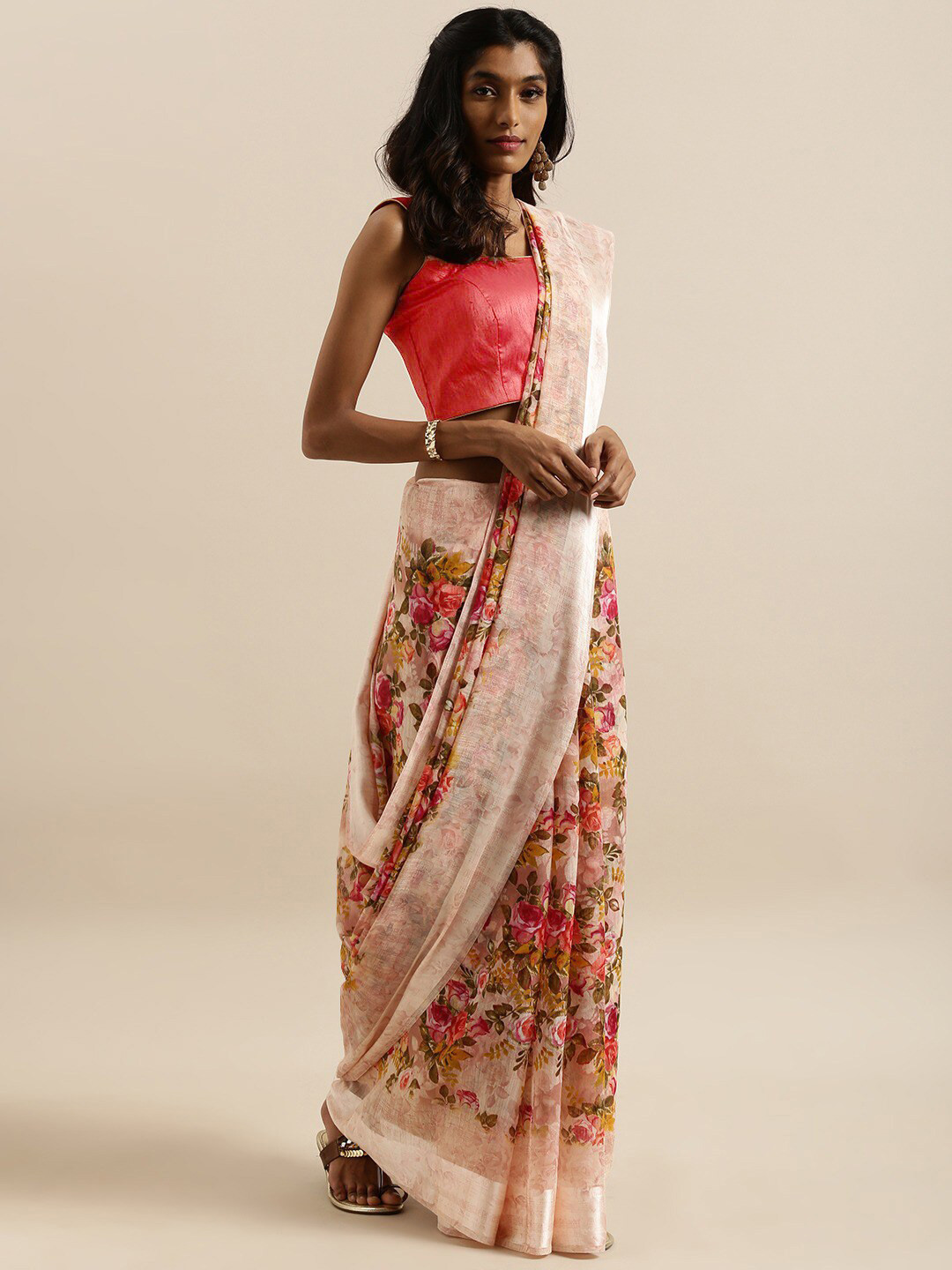 

SHANGRILA Beige Cotton Blend Floral Printed Saree