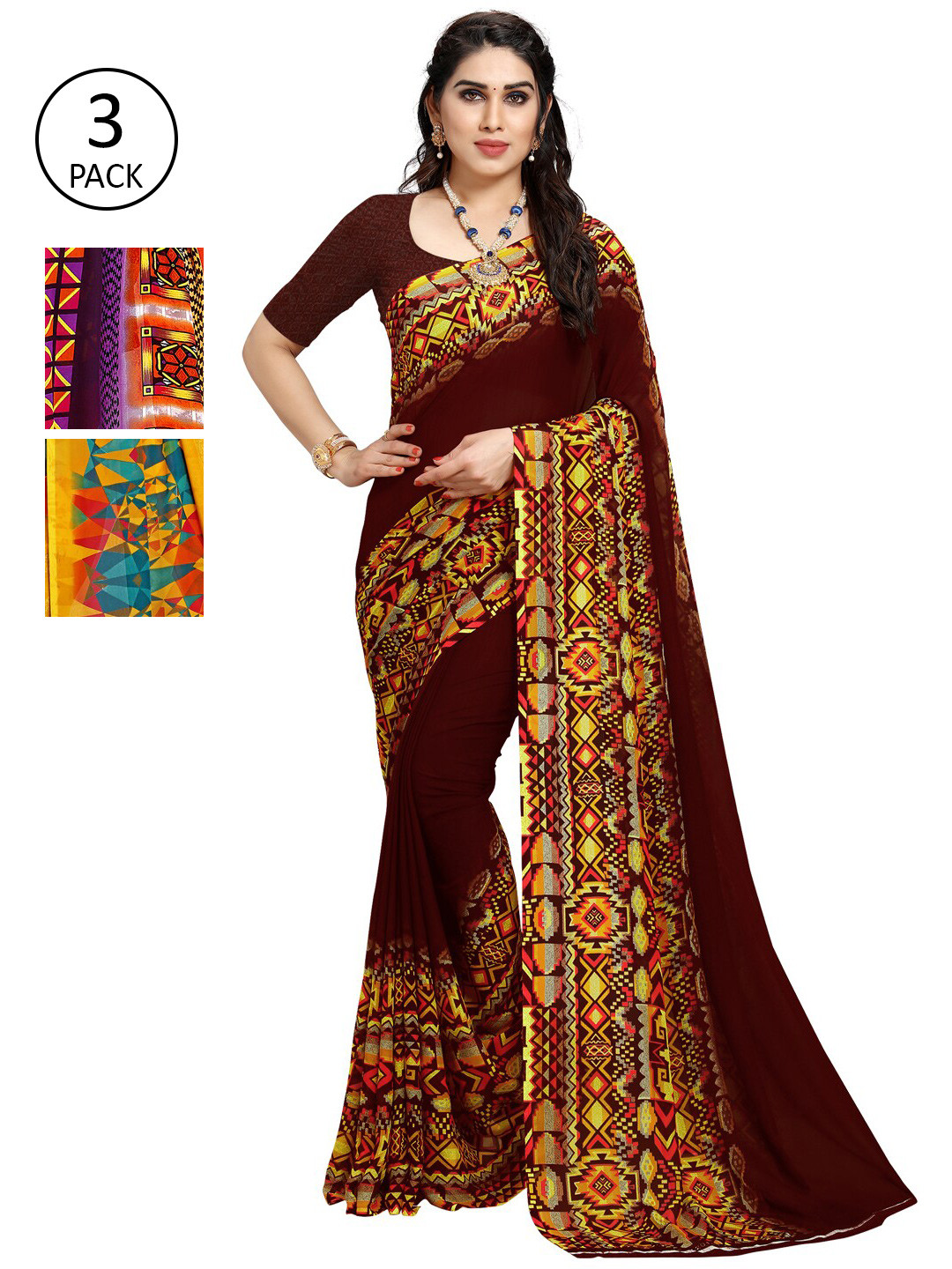 

KALINI Women Pack of 3 Multicolor Poly Georgette Printed Saree, Yellow
