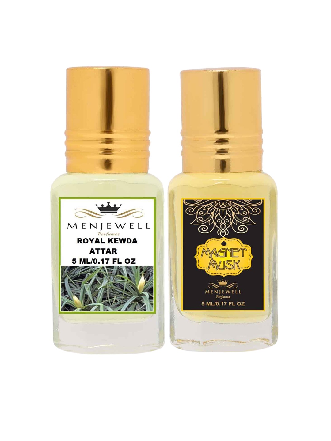 

Menjewell Pack of 2 Attar - Royal Kewda & Magnet Musk Attar 5ml Each, Yellow