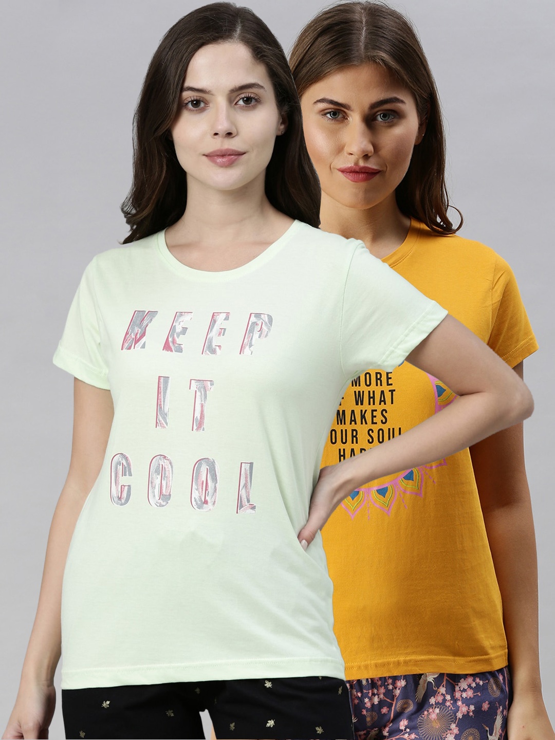 

Kryptic Women Pack Of 2 Printed Pure Cotton Lounge T-Shirts, Mustard