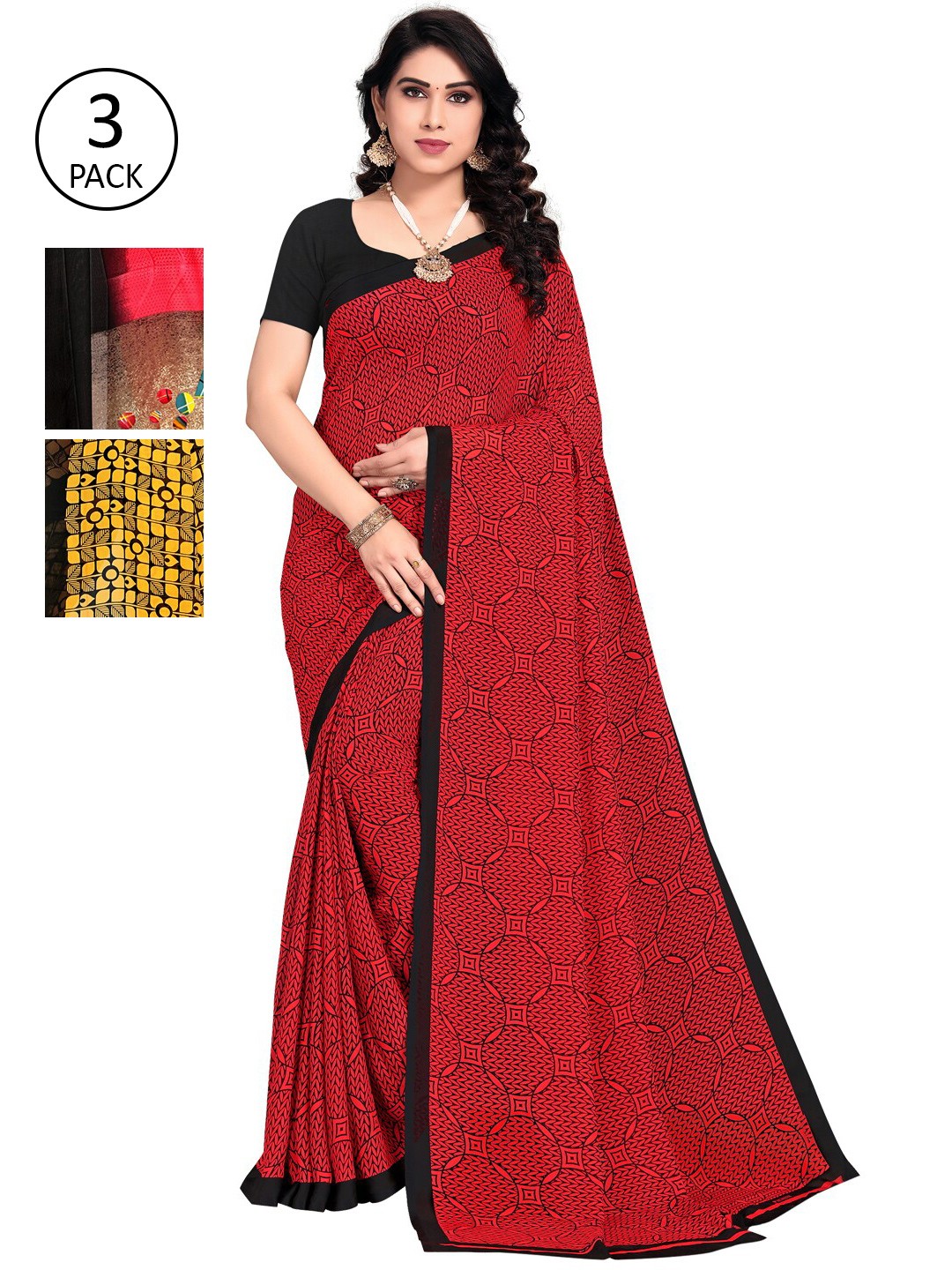 

KALINI Pack Of 3 Multicoloured Printed Sarees, Red