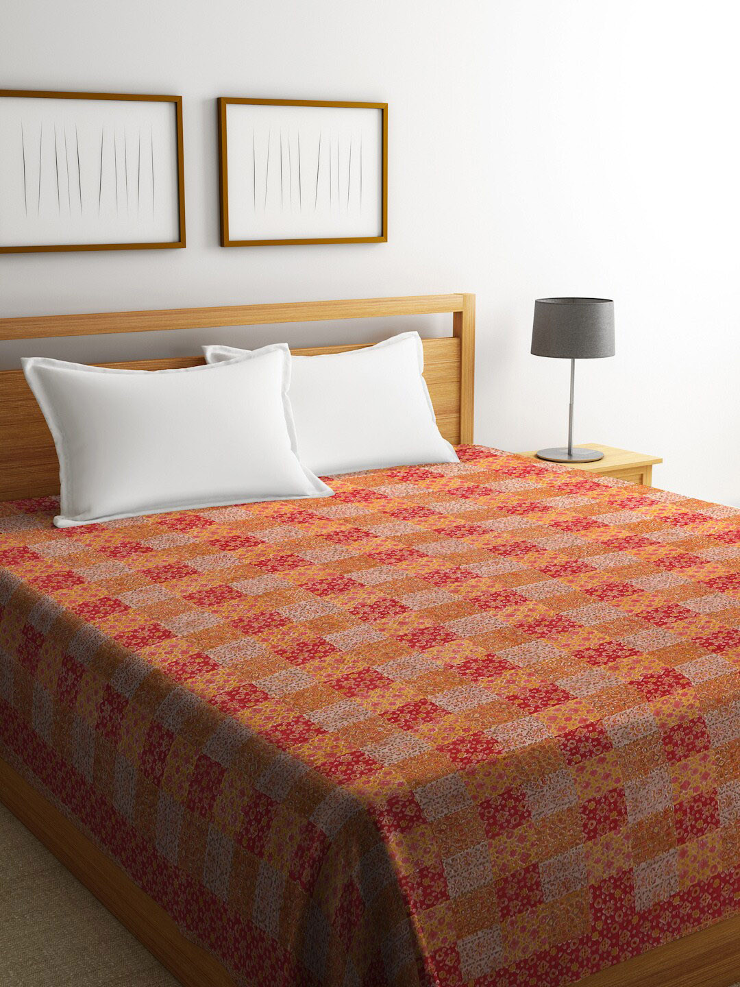 

Fabindia Pink & Mustard Yellow Printed 184 TC Double Bed Cover