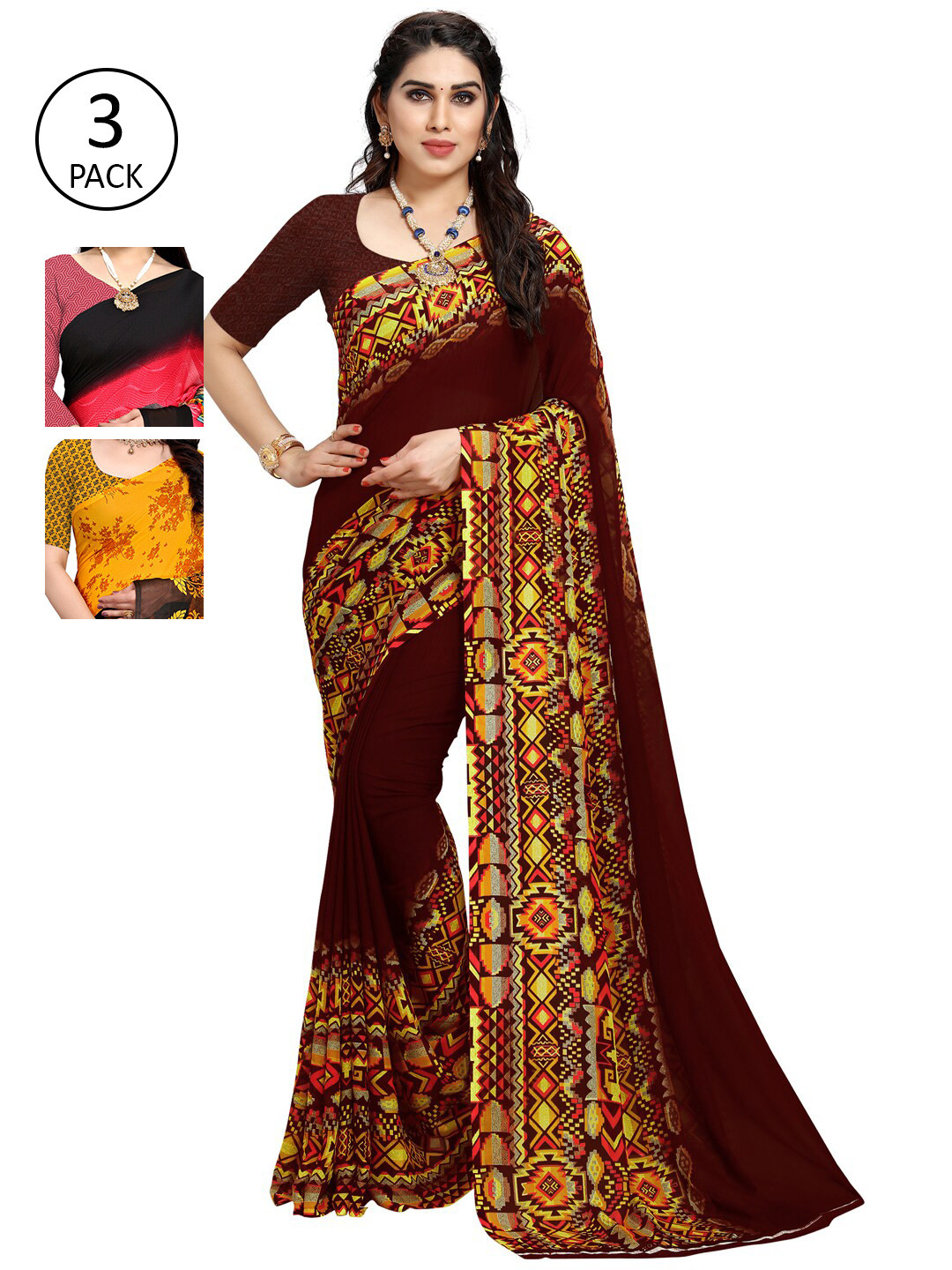 

KALINI Pack Of 3 Printed Saree, Yellow