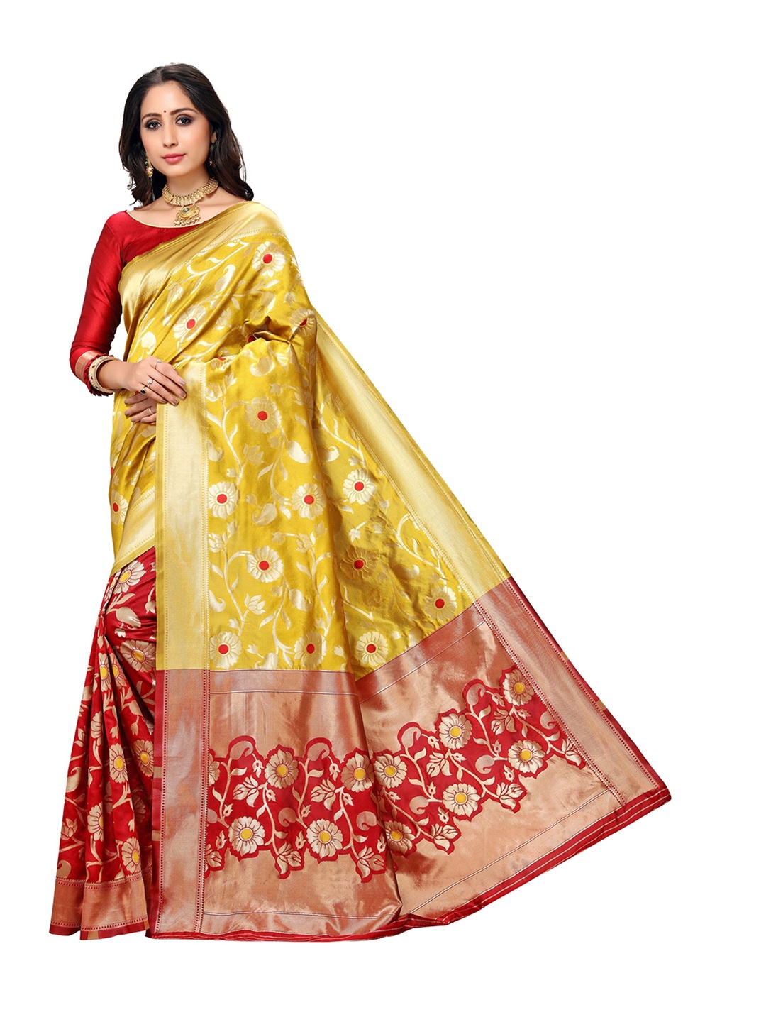

KALINI Mustard & Red Floral Zari Woven Design Silk Blend Banarasi Saree