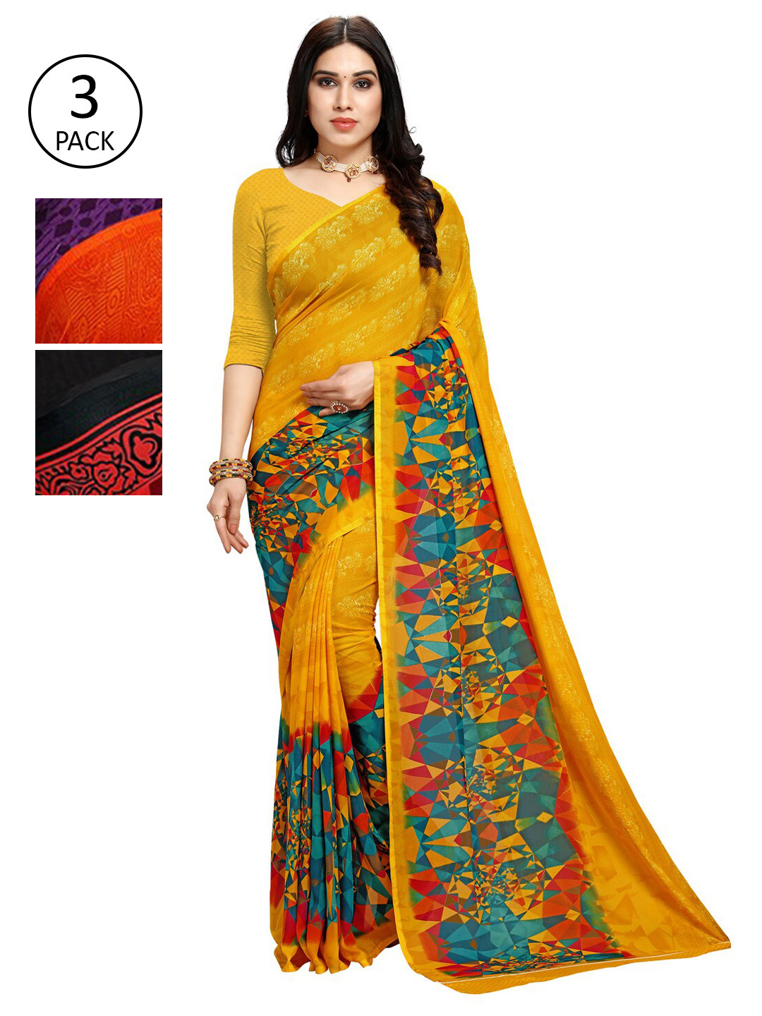 

KALINI Women Pack Of 3 Printed Saree, Yellow