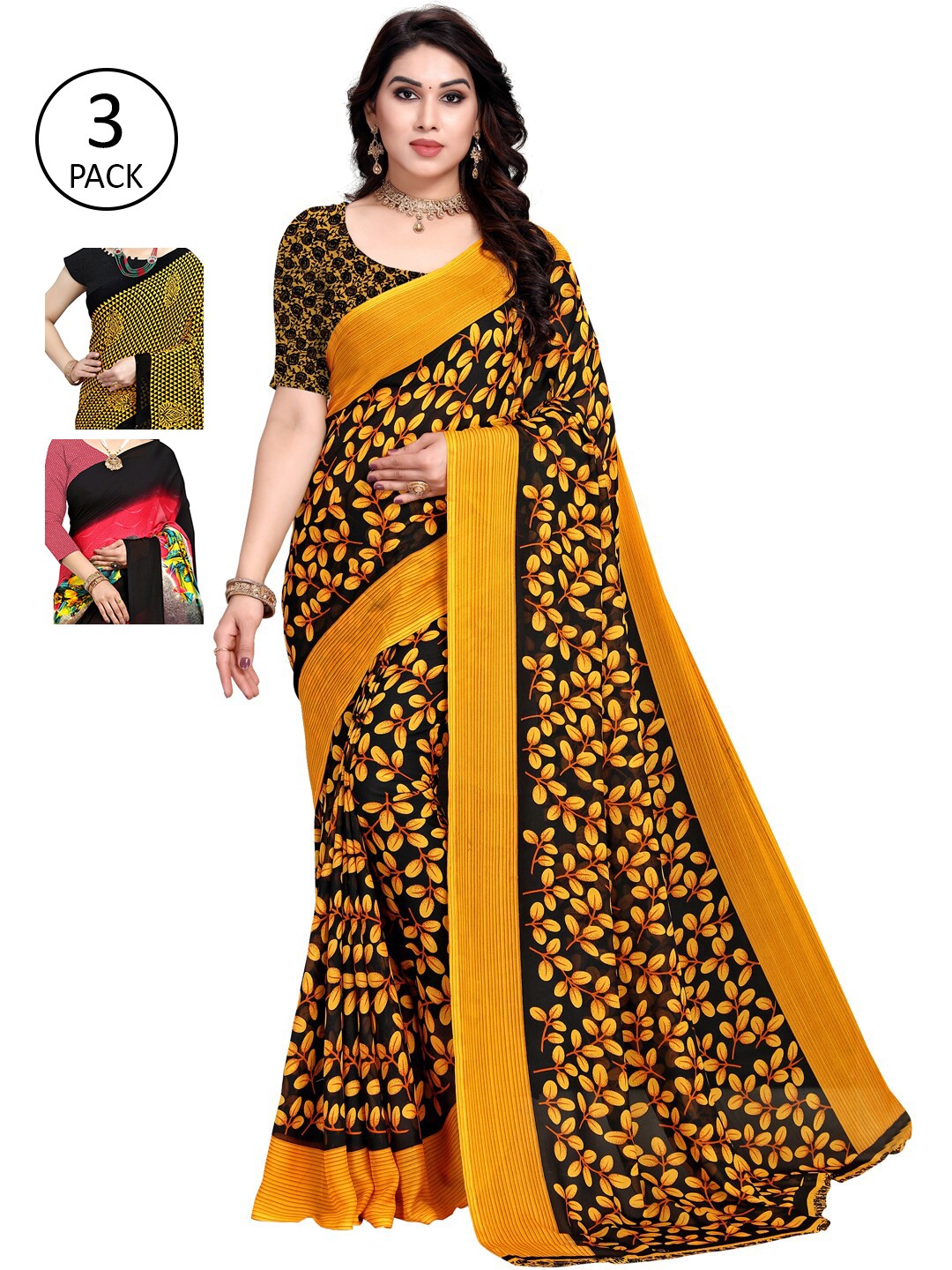 

KALINI Pack Of 3 Printed Sarees, Yellow