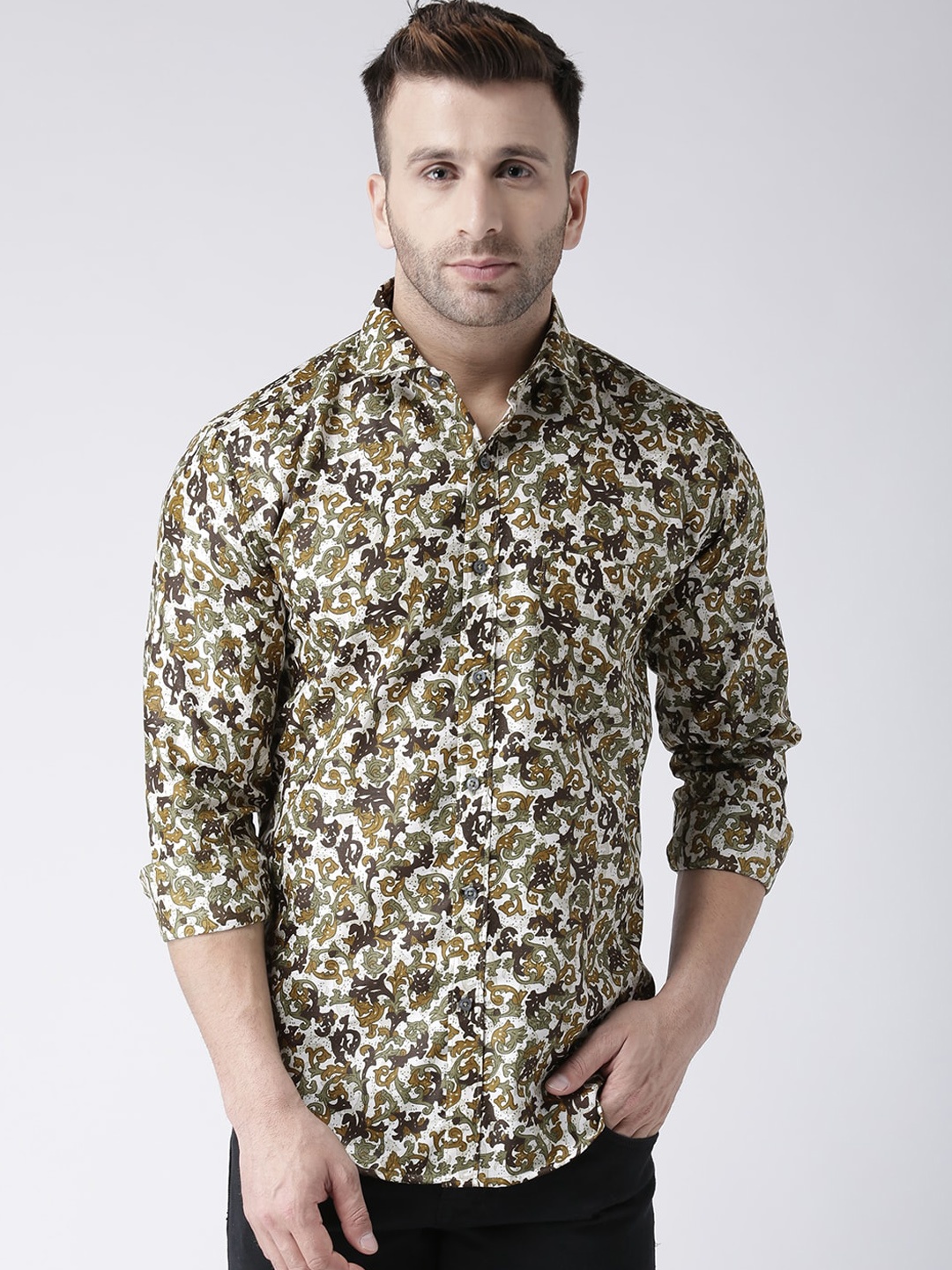 

Hangup Men Olive Green & White Slim Fit Ethnic Motifs Print Casual Shirt