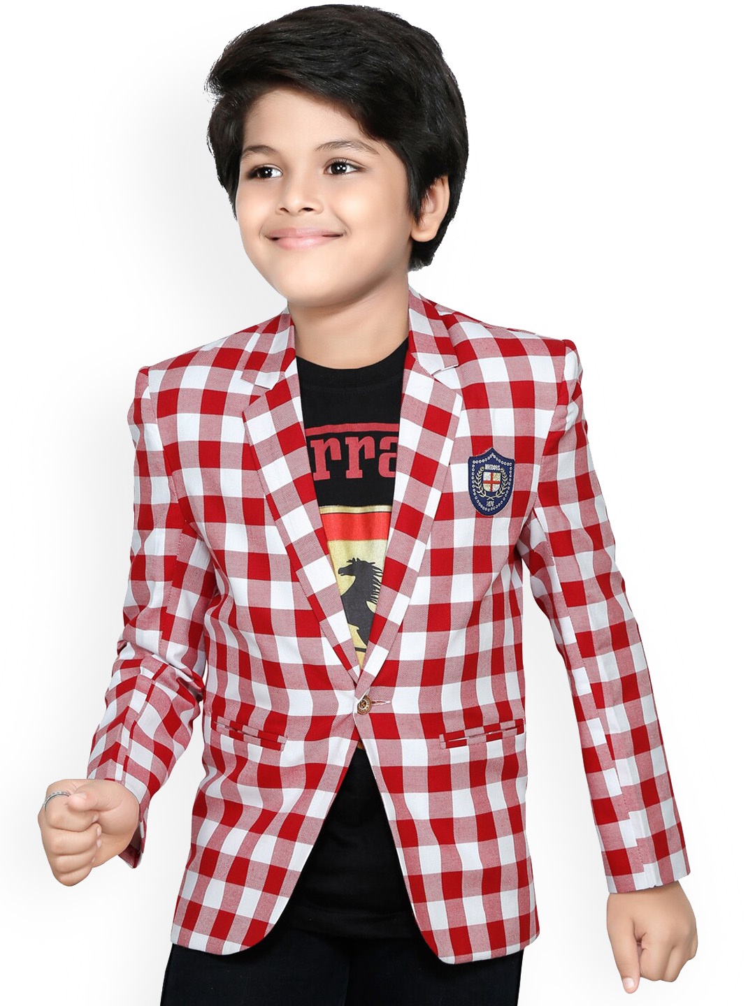 

RIKIDOOS Boys Maroon & White Checked Comfort-Fit Single-Breasted Blazer