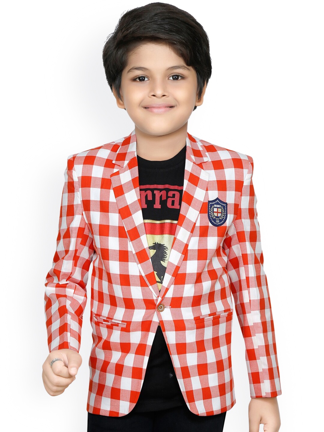 

RIKIDOOS Boys Red & White Checked Comfort-Fit Single-Breasted Blazer