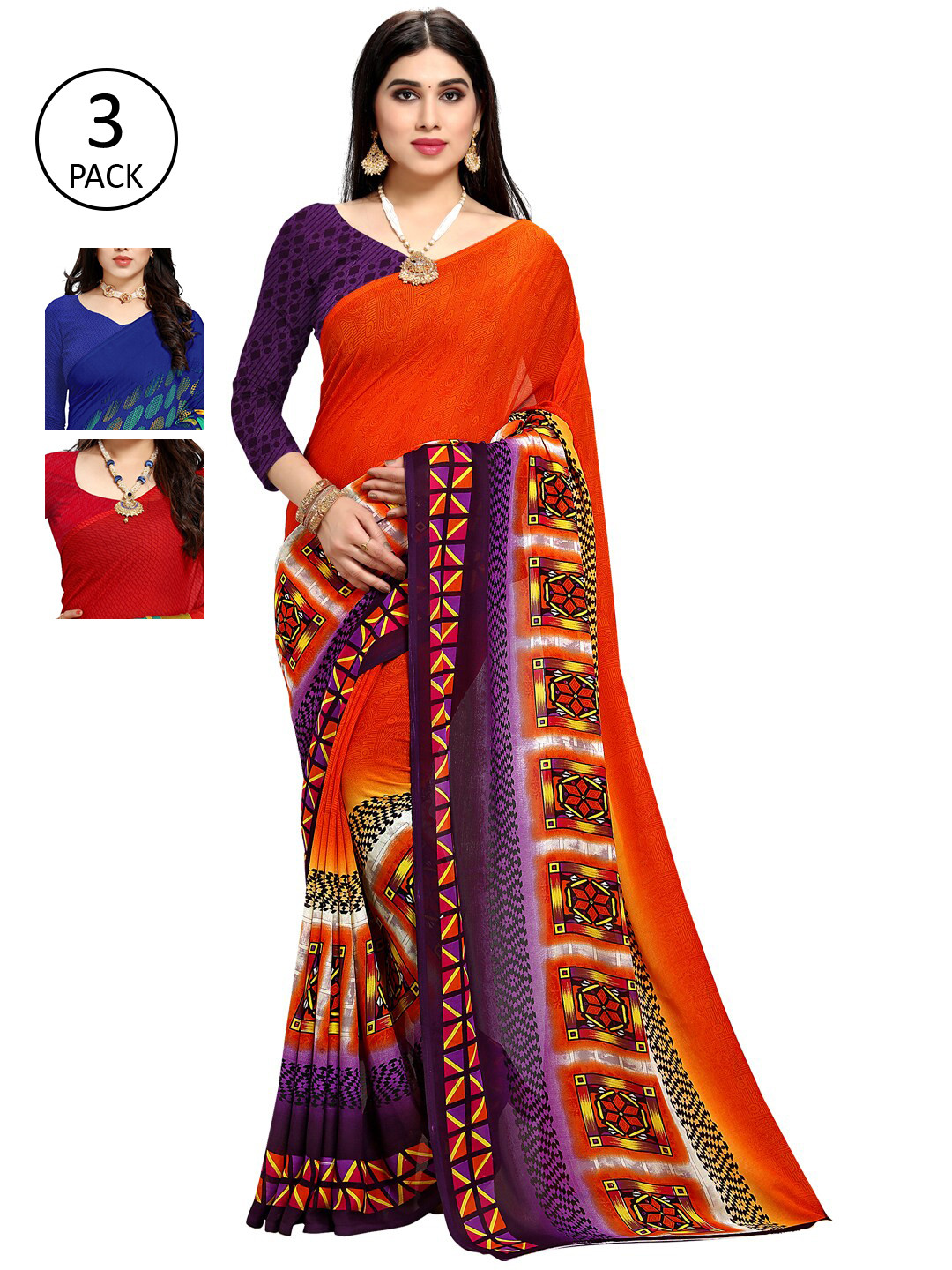 

KALINI Women Pack of 3 Multicolor Poly Georgette Printed Saree, Blue