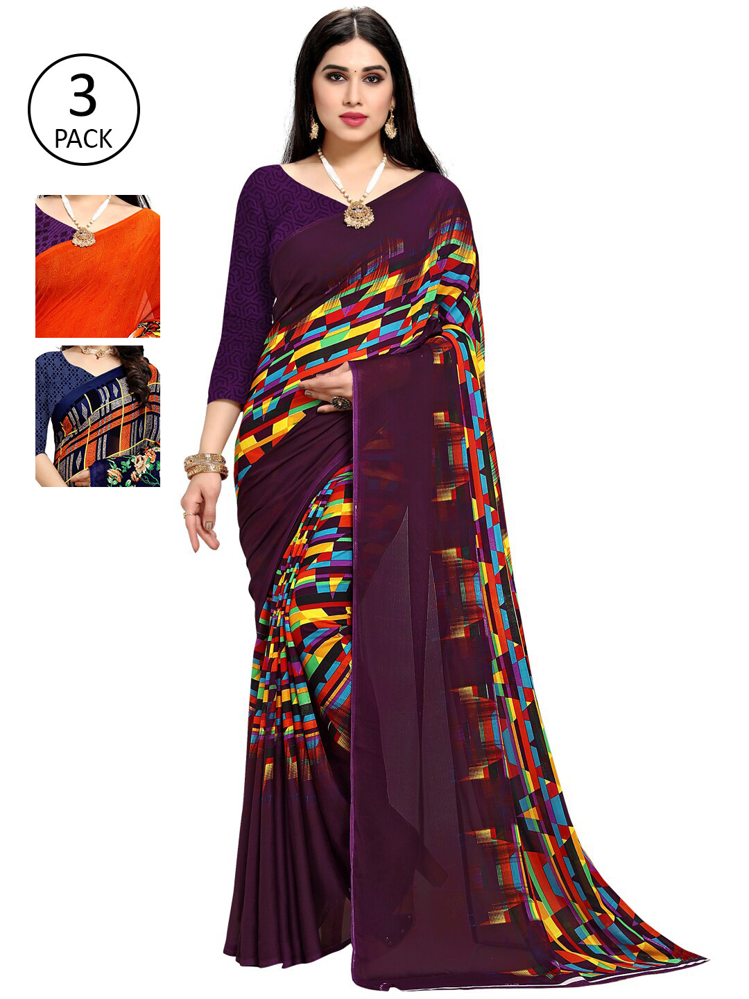 

KALINI Pack Of 3 Printed Saree, Purple
