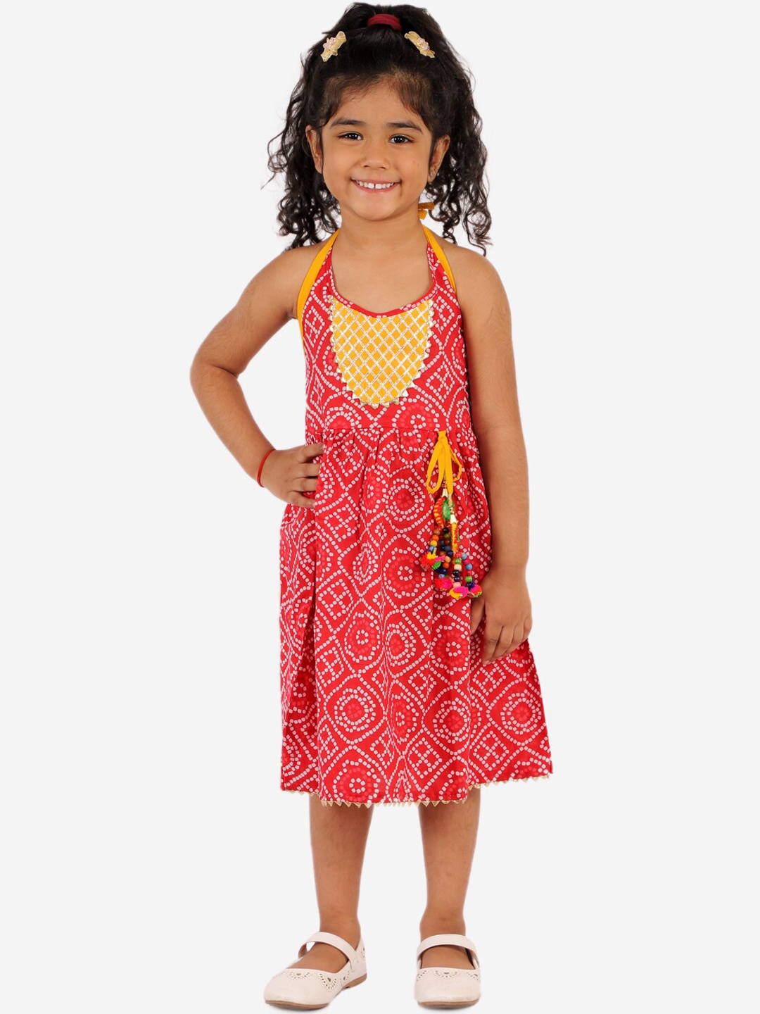 

KID1 Girls Red & White Bandhani Print Cotton Fit and Flare Dress
