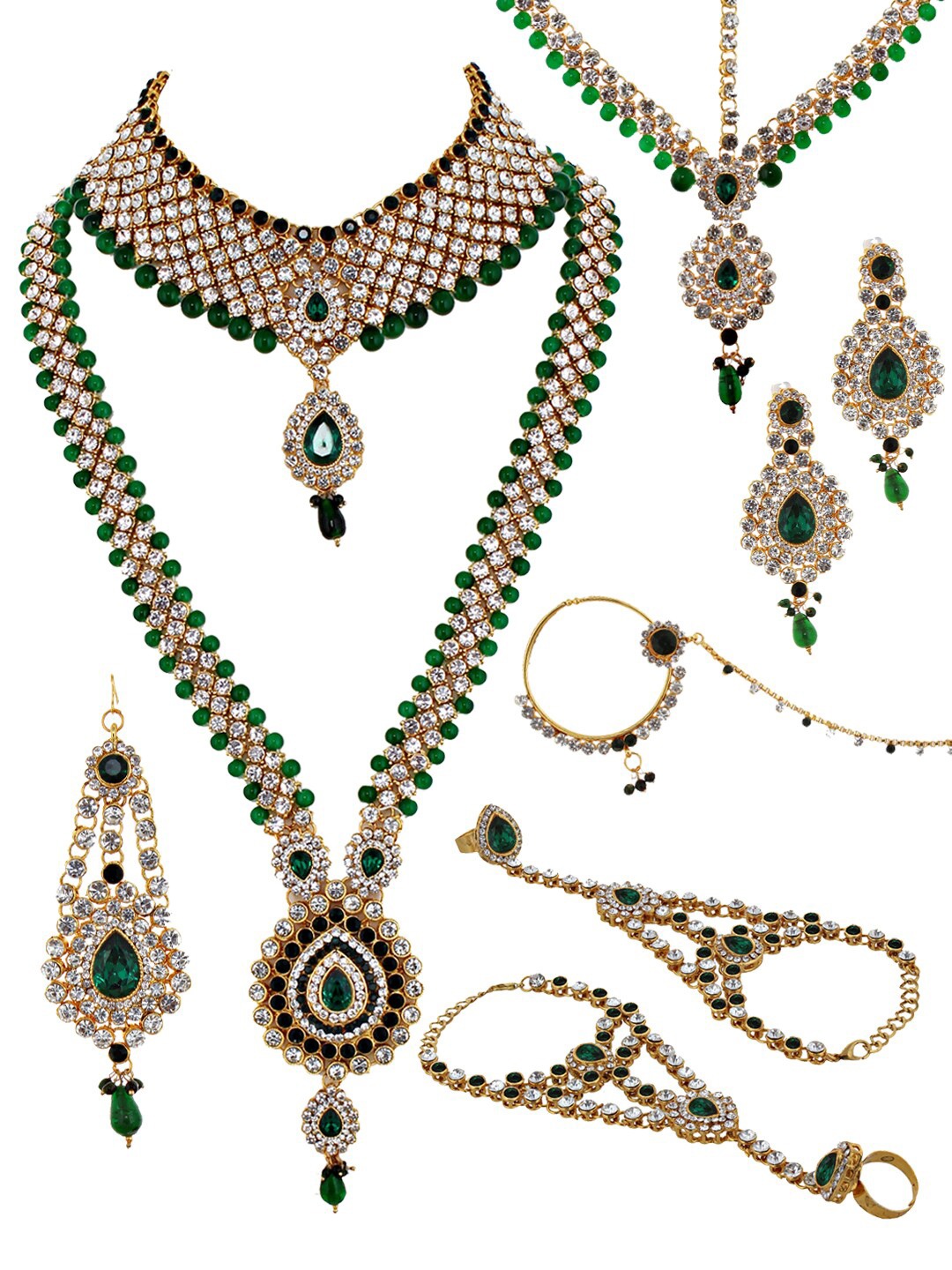 

LUCKY JEWELLERY Women Gold-Plated Green & White Kundan-Studded & Beaded Jewellery Set