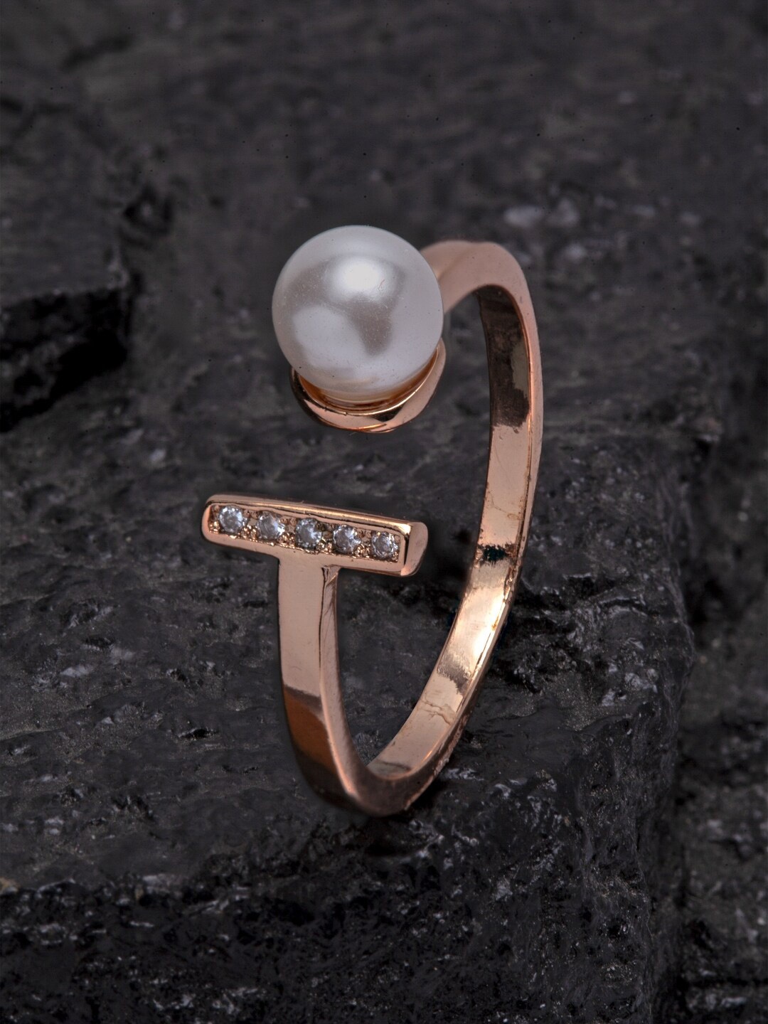 

Ferosh Rose Gold-Toned & White Stone-Studded Adjustable Finger Ring