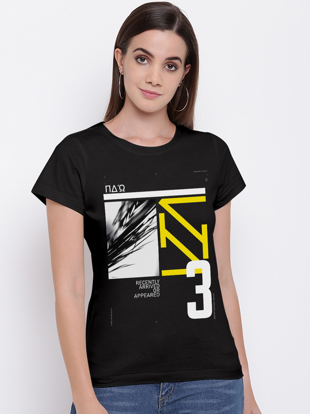 

THREADCURRY Women Black Printed Applique T-shirt