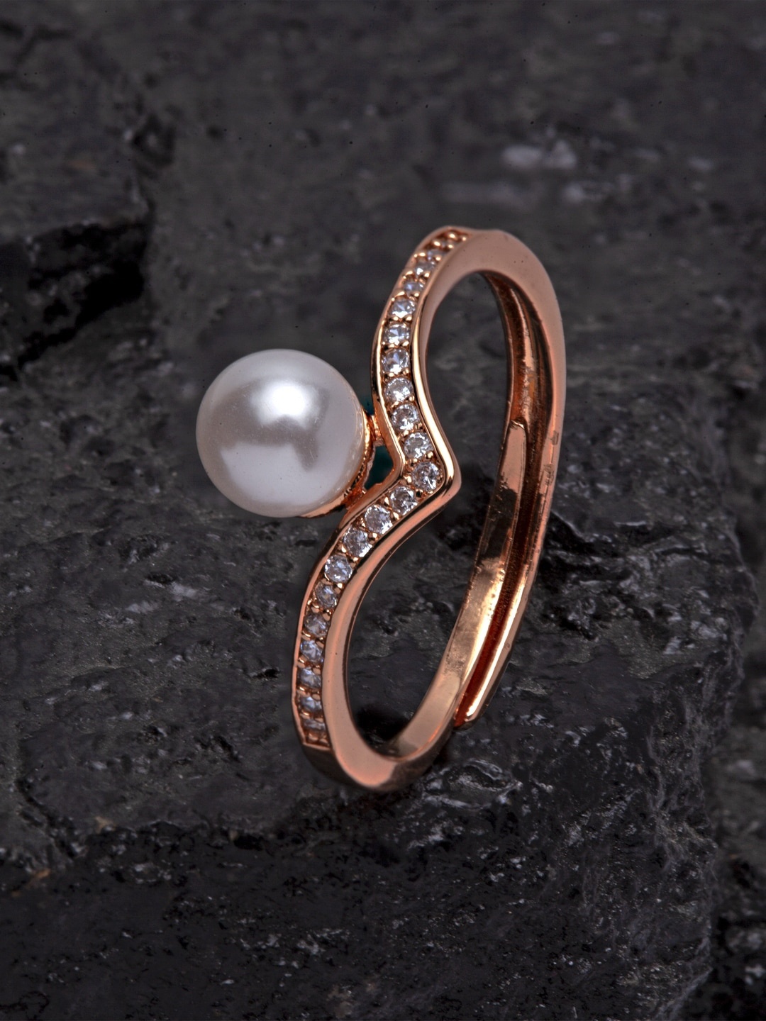 

Ferosh Rose-Gold-Toned Artificial Stone-Studded Noah Adjustable Finger Ring