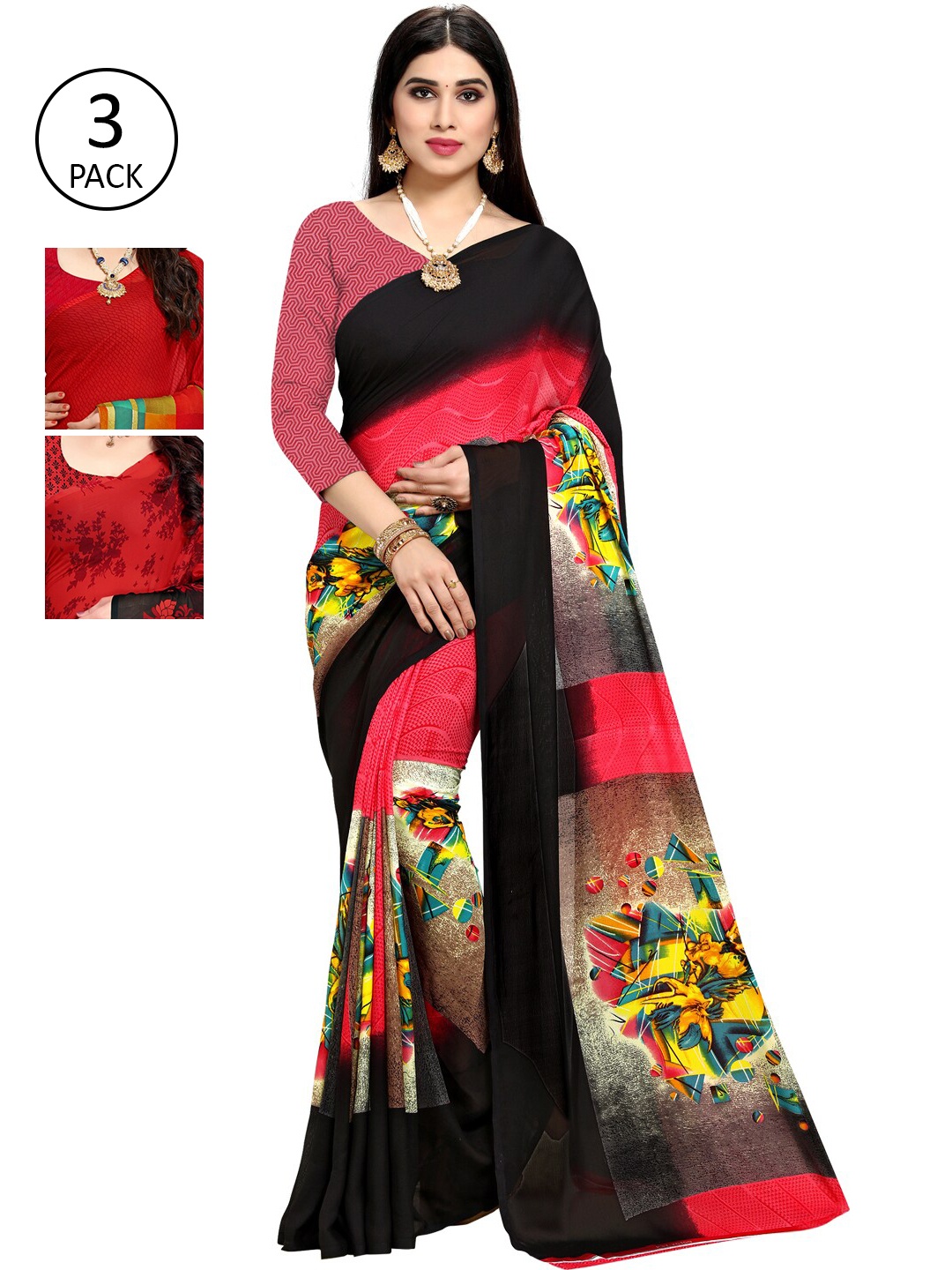 

KALINI Set of 3 Pink & Red Floral Printed Sarees