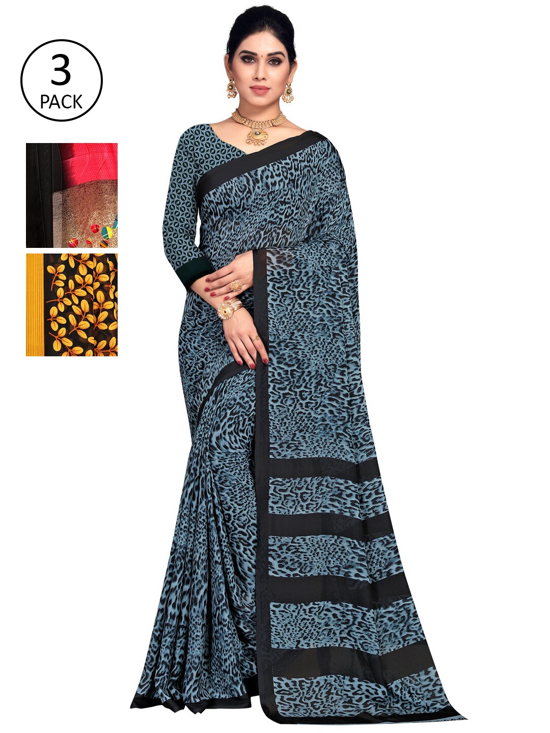 

KALINI Pack Of 3 Printed Sarees, Yellow
