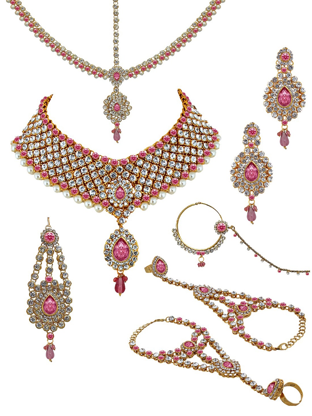 

LUCKY JEWELLERY 18K Gold-Plated Pink & White CZ-Studded & Beaded Handcrafted Jewellery Set