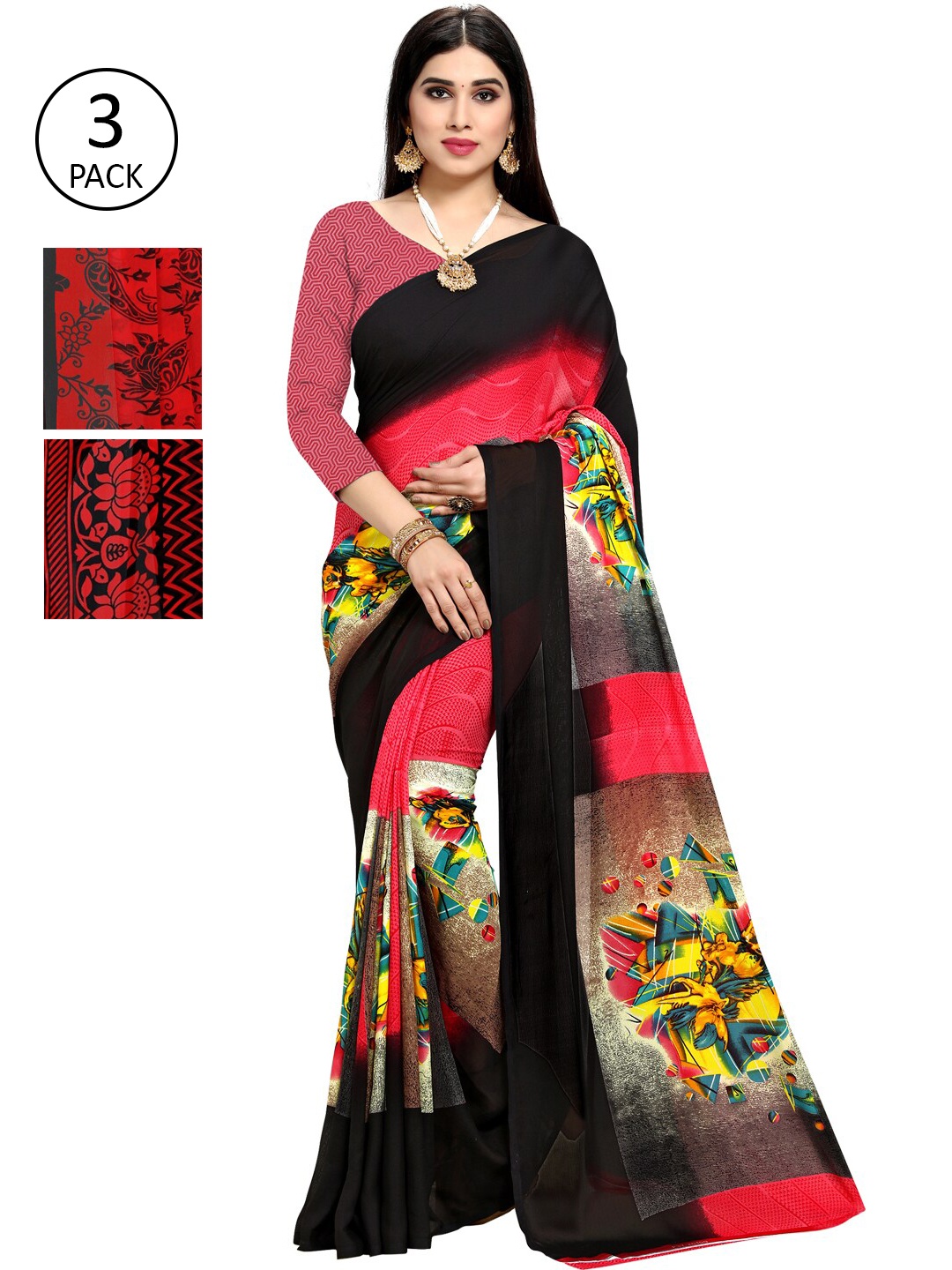 

KALINI Pack Of 3 Printed Saree, Red