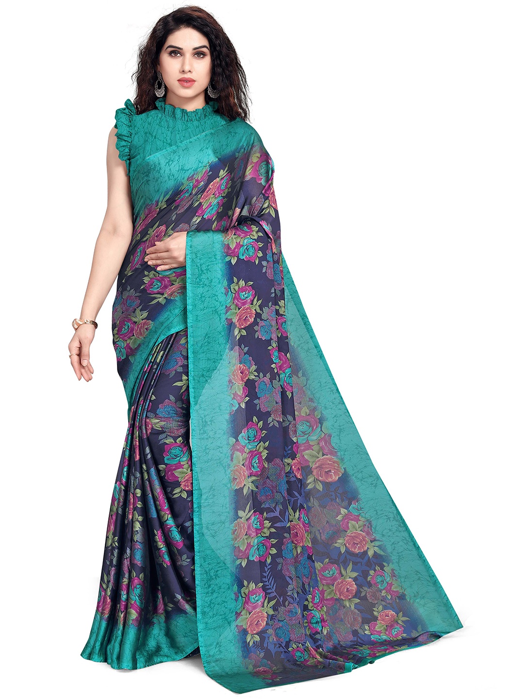 KALINI Navy Blue & Teal Floral Bagh Saree