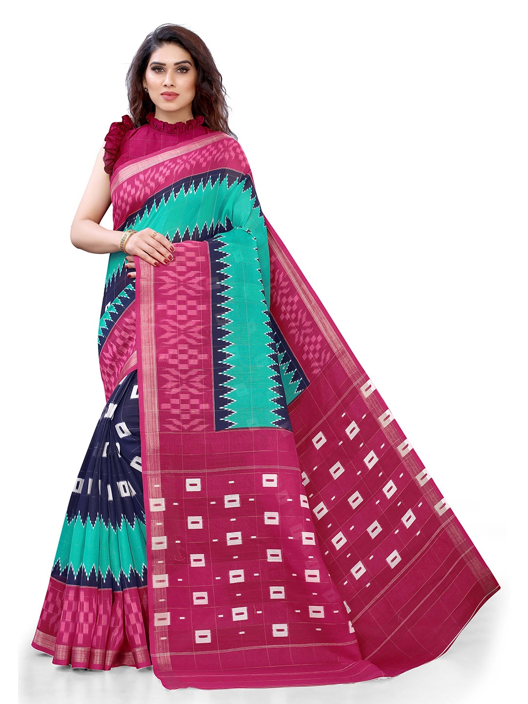 

KALINI Turquoise Blue & Pink Printed Saree